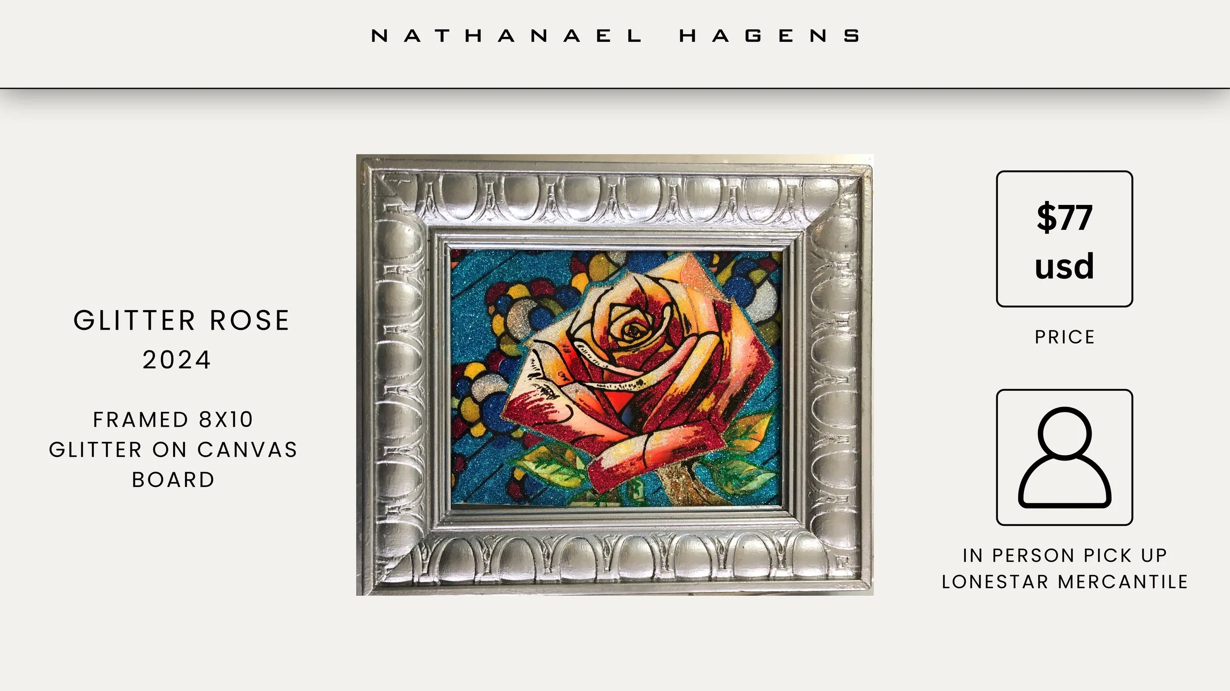A framed artwork of a glittery rose on canvas, titled 'Glitter Rose 2024,' priced at $77, available for in-person pickup.