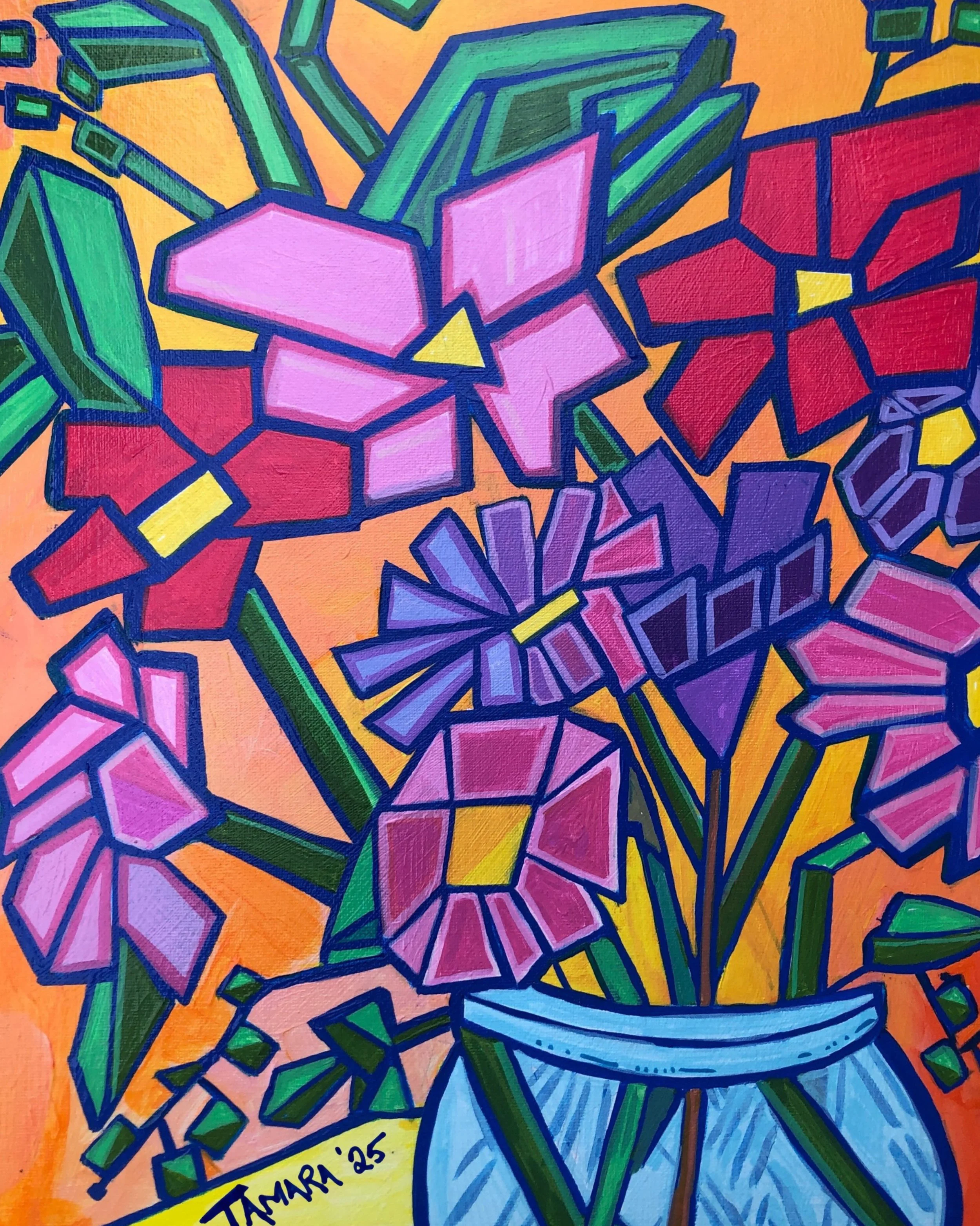Colorful Cubist floral painting by Tamara Bard featuring pink, red and purple flowers arranged in a blue vase.  That clearly identifies the artist, subject, style, and visible colors without keyword stuffing.