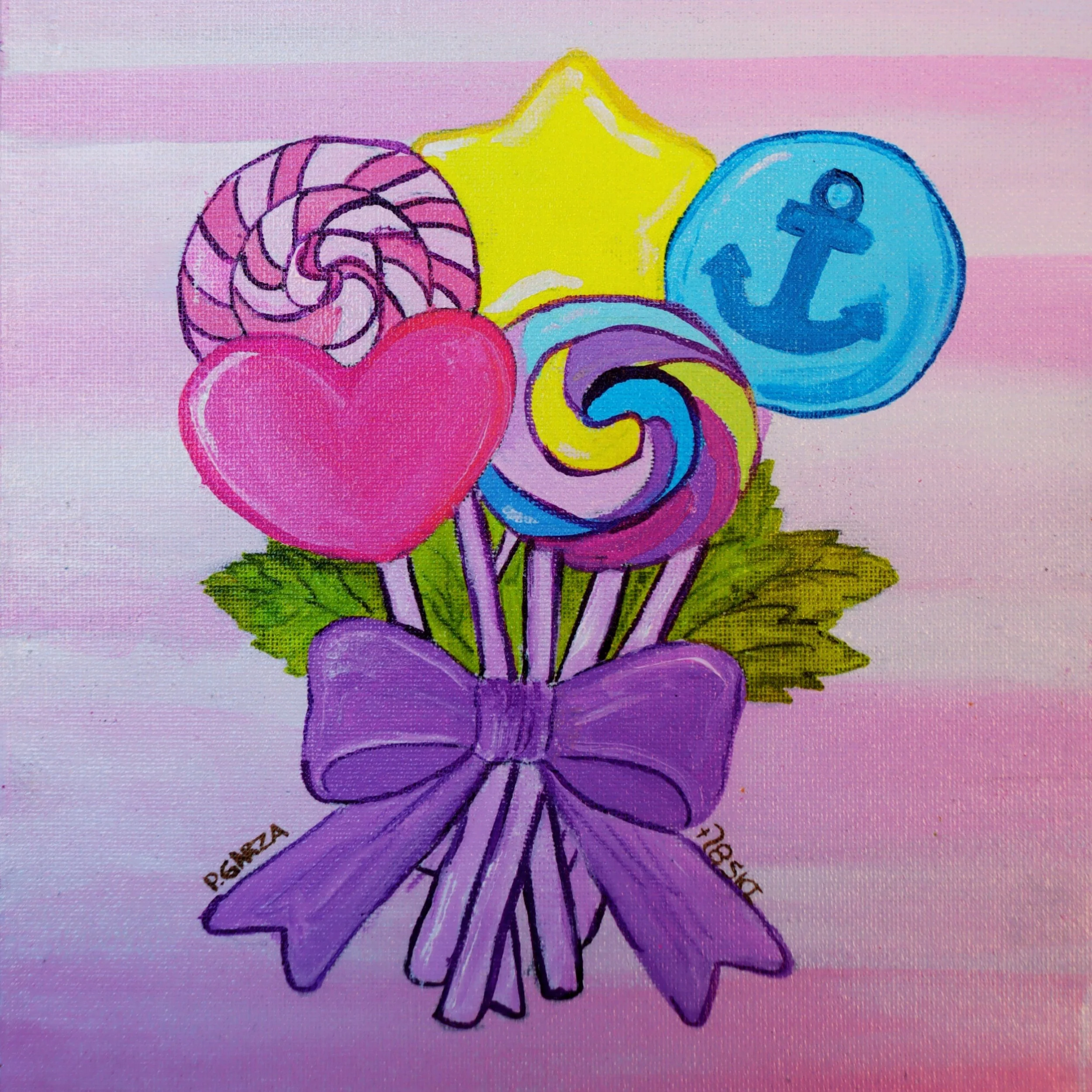 A vibrant bouquet of candy-inspired shapes tied with a soft purple bow, symbolizing sweetness, joy, and small moments of happiness during challenging times. This uplifting illustration supports Art2Hearts Foundation’s mission to provide healing artwo