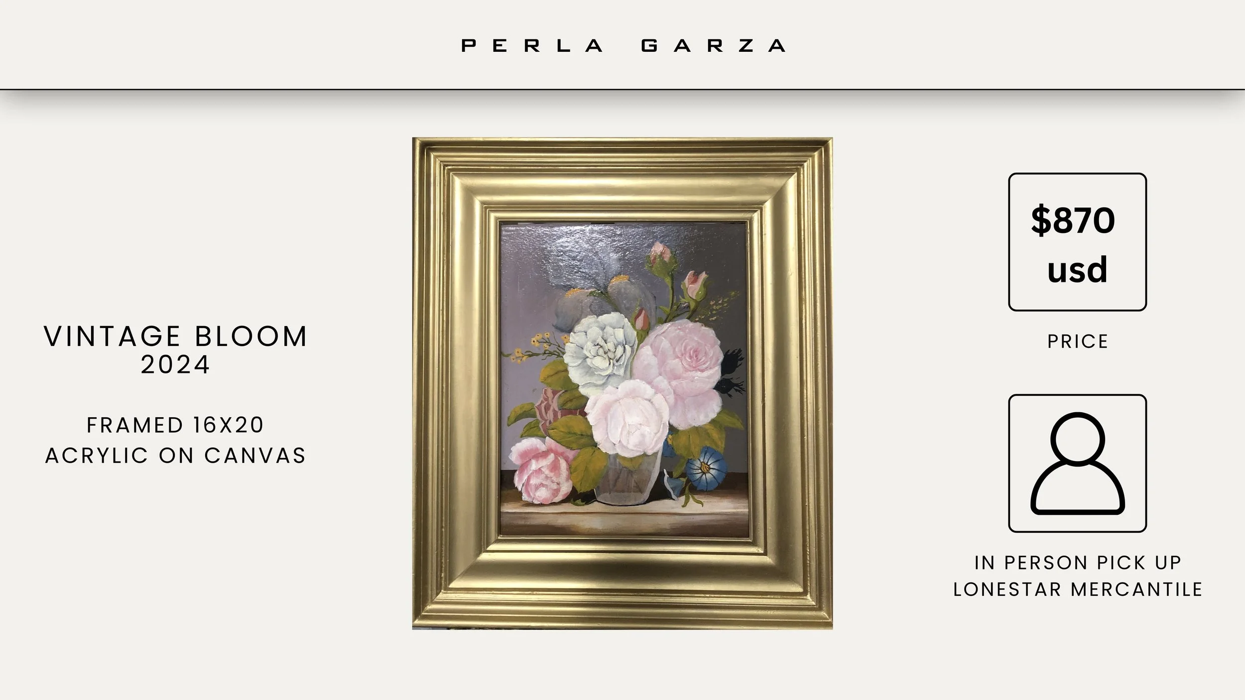 Vintage Bloom 2024’ by Perla Garza — an original floral painting featuring pink, white, and purple flowers in a glass vase. Rich in texture and framed in gold, this 16x20 acrylic still life blends timeless beauty with modern softness. Priced at $870,