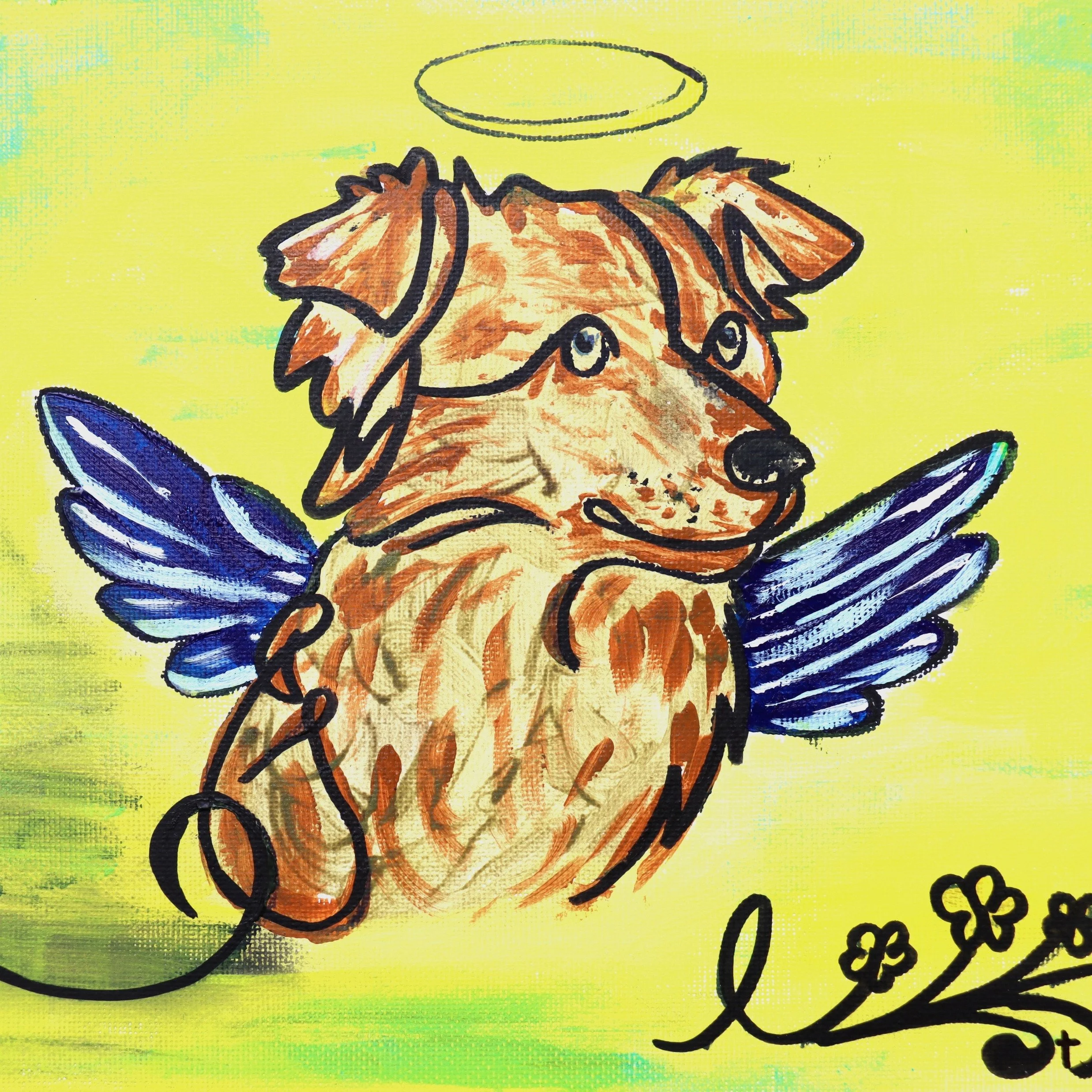 A gentle angel dog symbolizing protection, comfort, and loyal companionship, created to bring hope to children in medical settings in collaboration with Art2Hearts Foundation.