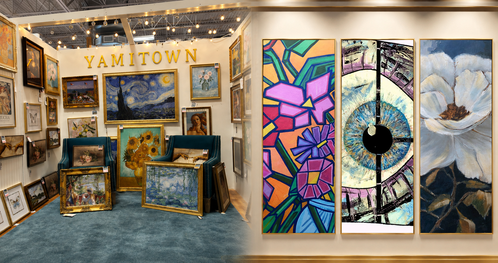 Wide view of YamiTown Booth A104 at Lonestar Mercantile in Allen, Texas, displaying framed paintings, art prints and two teal chairs beneath gold YAMITOWN lettering.