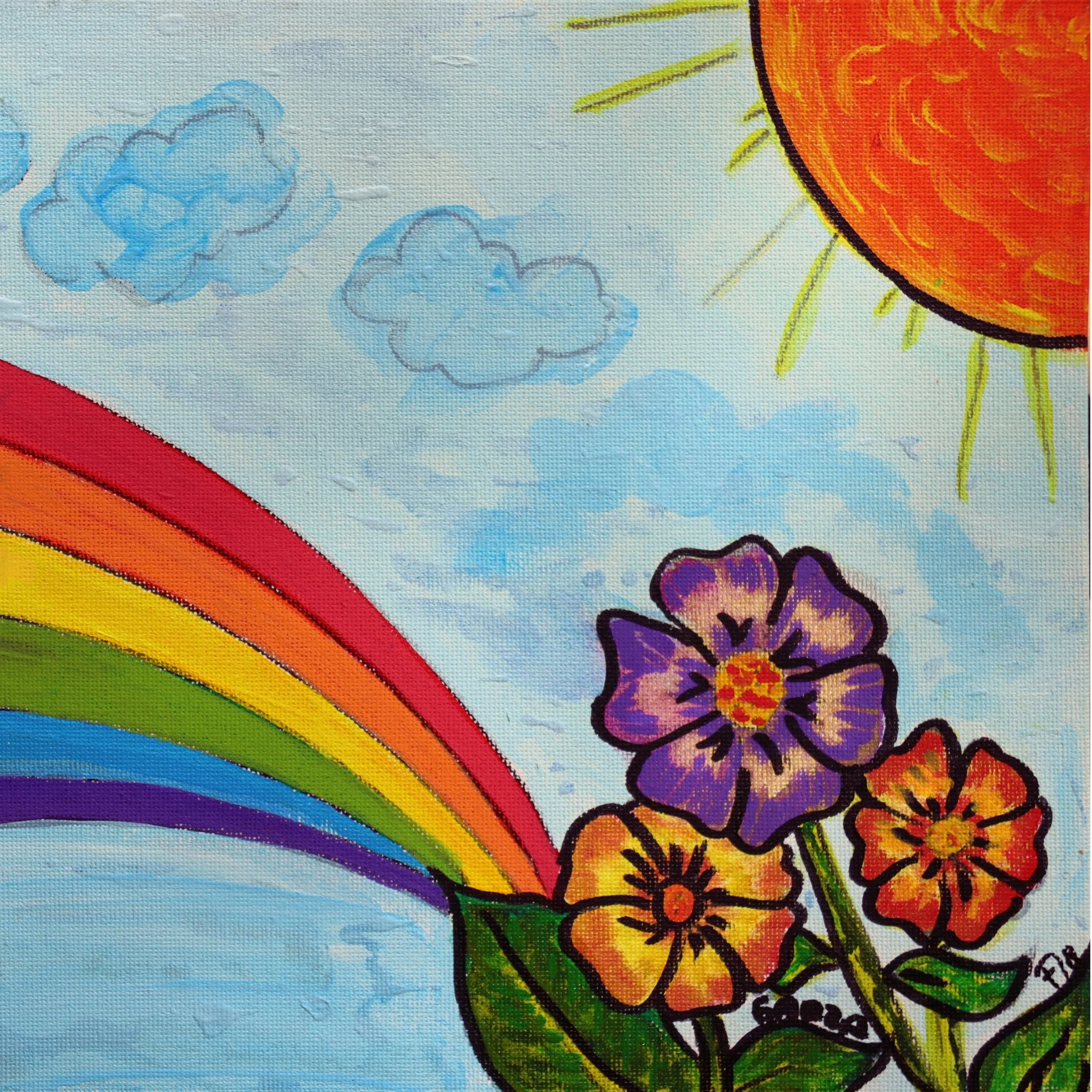 A bright rainbow, sunshine, and blooming flowers symbolizing joy, positivity, and hopeful moments, created to encourage children in medical settings in collaboration with Art2Hearts Foundation.