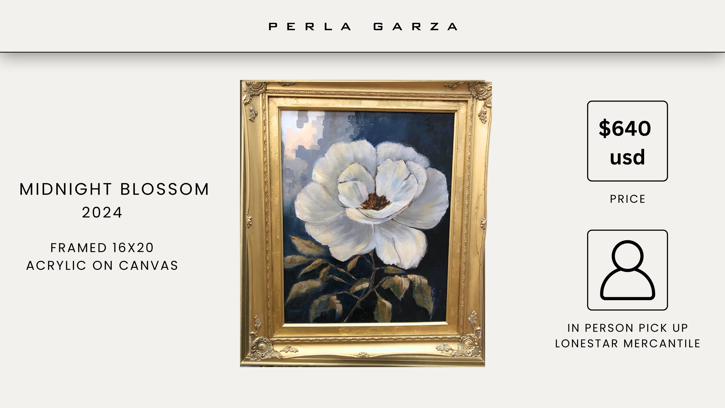 Midnight Blossom 2024’ by Perla Garza — an original acrylic painting of a white flower unfolding in shadow. Framed in ornate gold, this 16x20 piece captures restraint, softness, and quiet strength. A contemplative floral for refined collectors