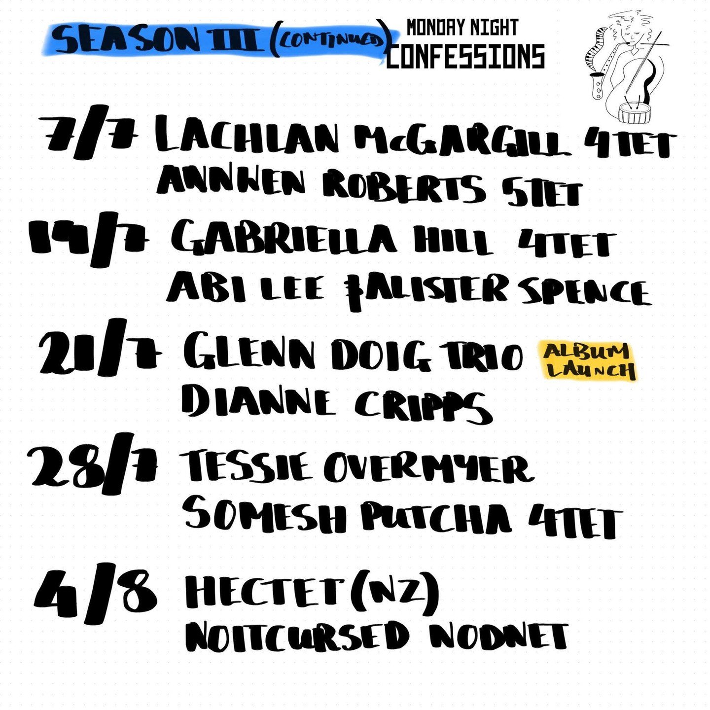I am very excited to play Monday Night Confessions with Brett and Simon on 21/7. We will be playing the songs from our album &quot;Trio&quot; released last year, alongside some new music.