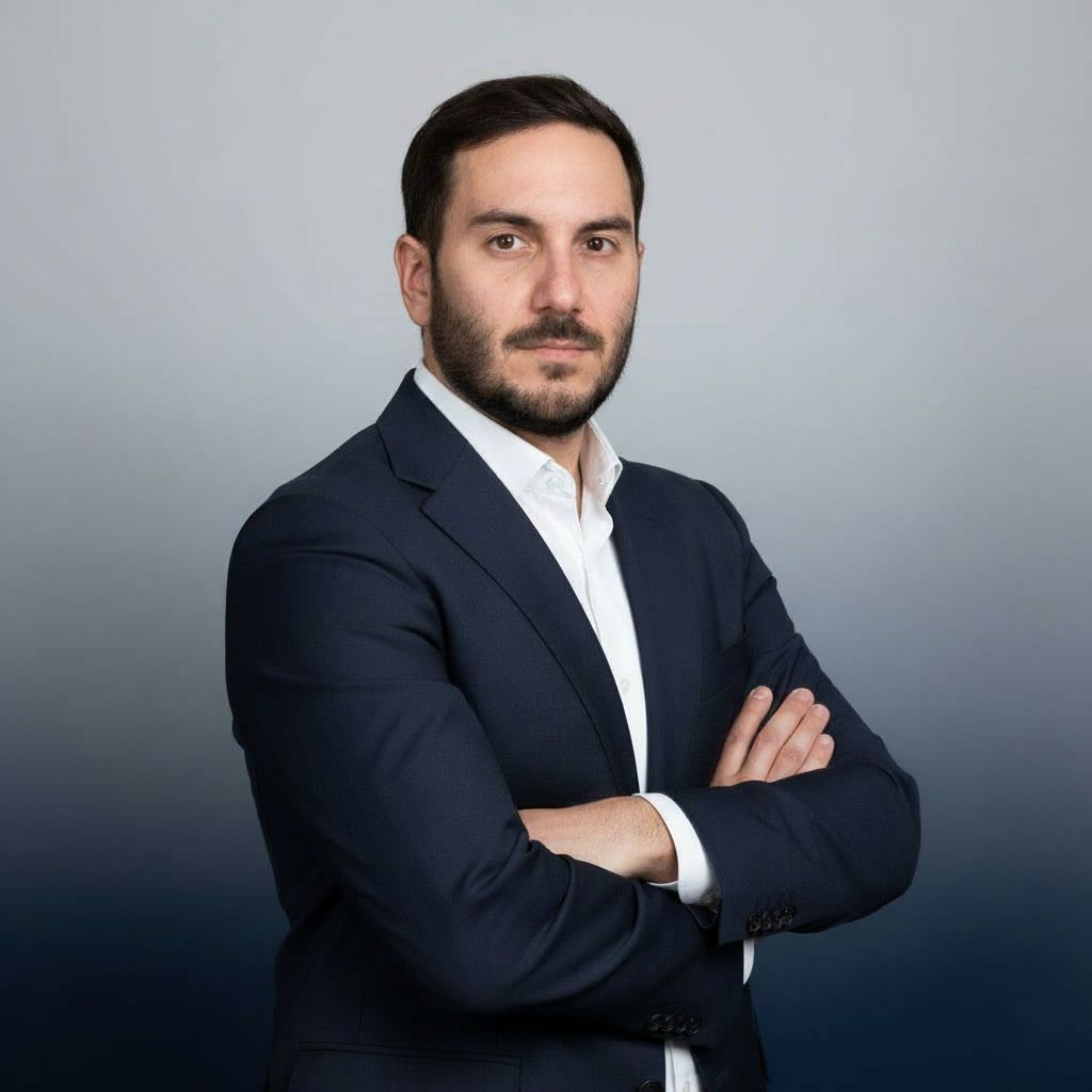 A man with dark hair and a beard wearing a navy blue suit with a white shirt, standing with arms crossed against a neutral gray background.