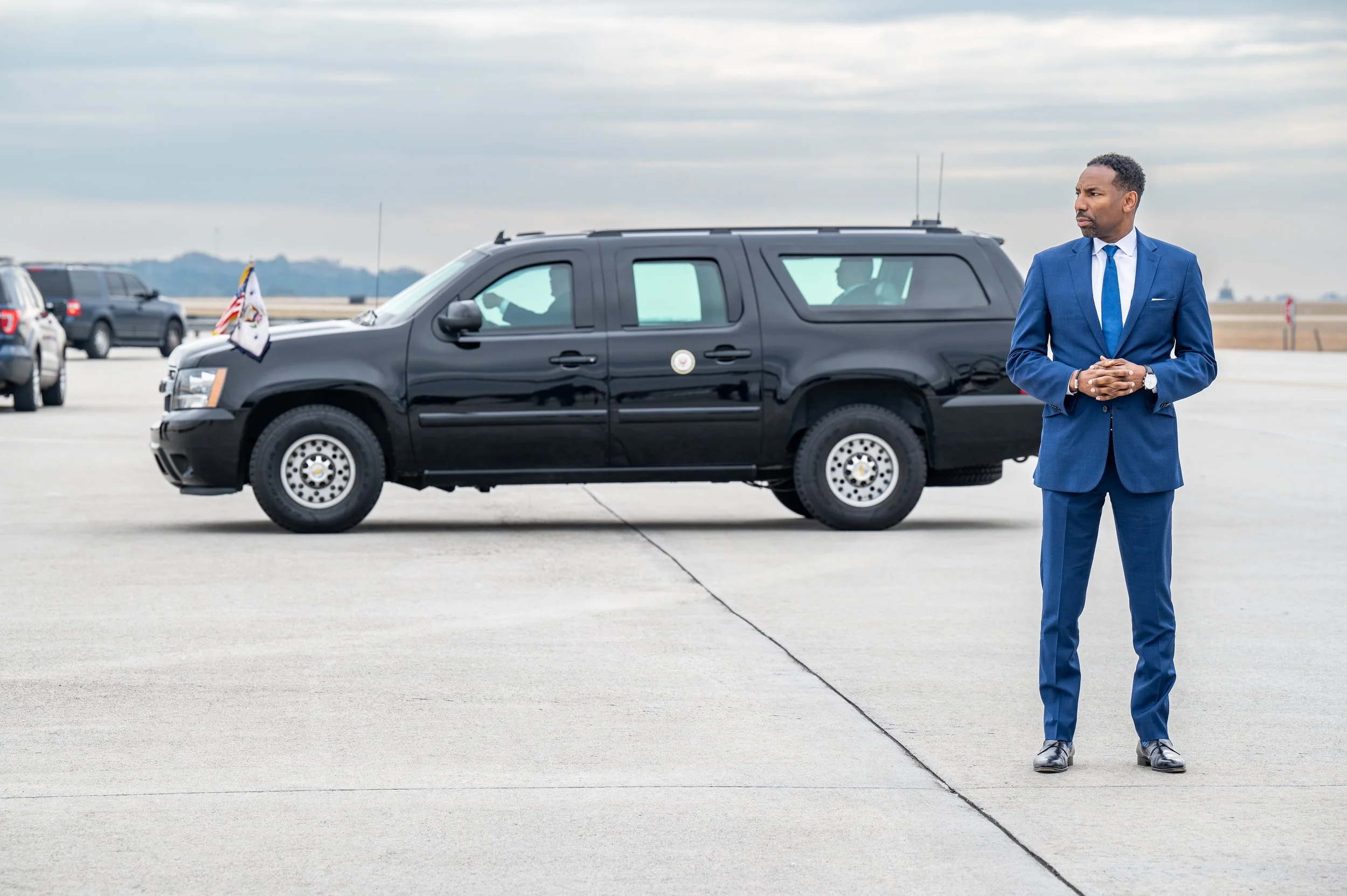 Atlanta Mayor Andre Dickens awaits the arrival of U.S. Vice President Kamala Harris at Atlanta Hartsfield-Jackson International Airport.