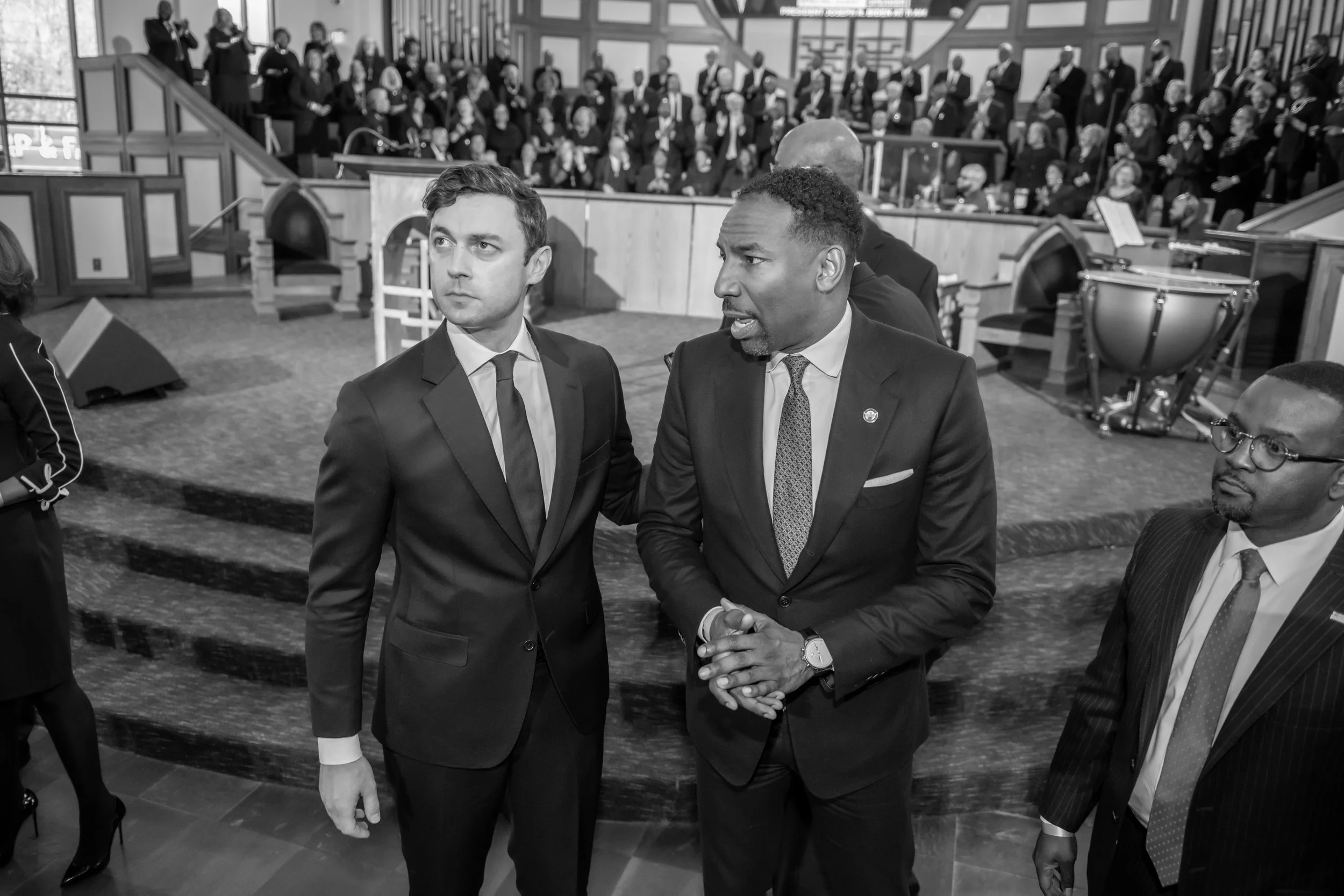 Georgia State Senator Jon Osoff and Atlanta Mayor Andre Dickens at Ebenezer Baptist Church in Atlanta, Georgia.