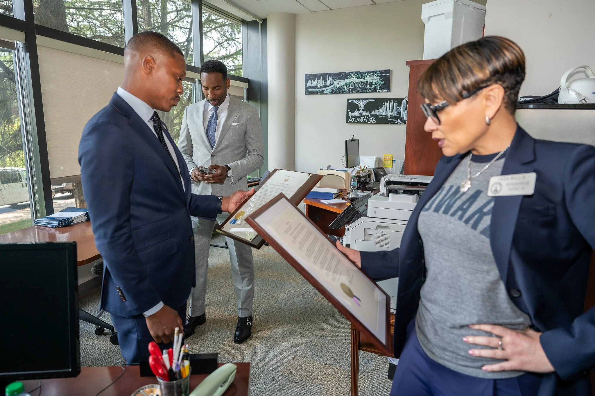 061824 - Atlanta Mayor Andre Dickens, Atlanta Councilmember Jason Winston, and Georgia State Representative Inga Willis prepare for presentations at the Rocket Foundation Summit, held at the Jimmy Carter Center in Atlanta.