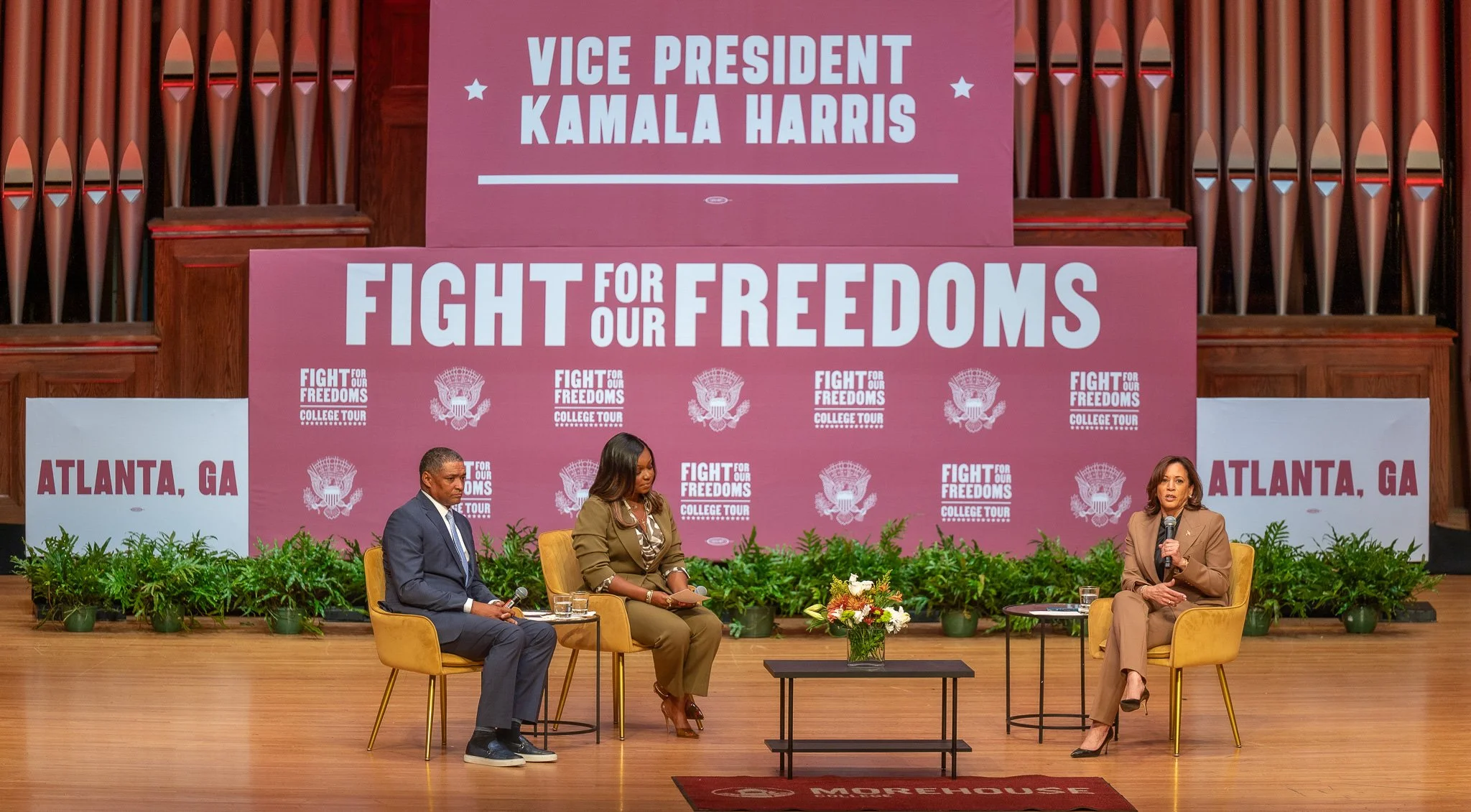 United States Vice President, Kamala Harris engages students during her "Fight for Our Freedom" tour stop at Morehouse College in Atlanta, Georgia.