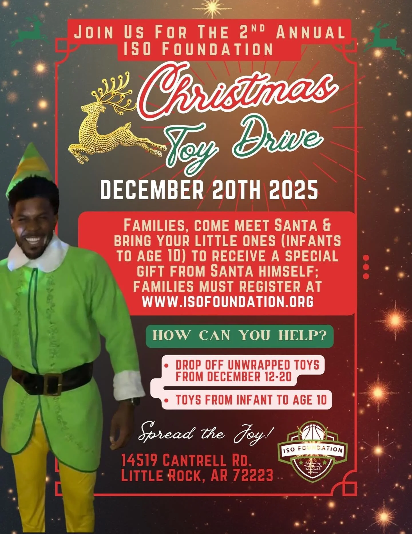 We&rsquo;re running it back! 🎁✨

Join us for the 2nd Annual @isofoundation ISO Foundation Toy Drive 
📅 December 20 | 🕕 6:00&ndash;9:00 PM 
📍 14519 Cantrell Rd, Little Rock, AR 72223

Come enjoy a winter wonderland, meet Santa, and let your little