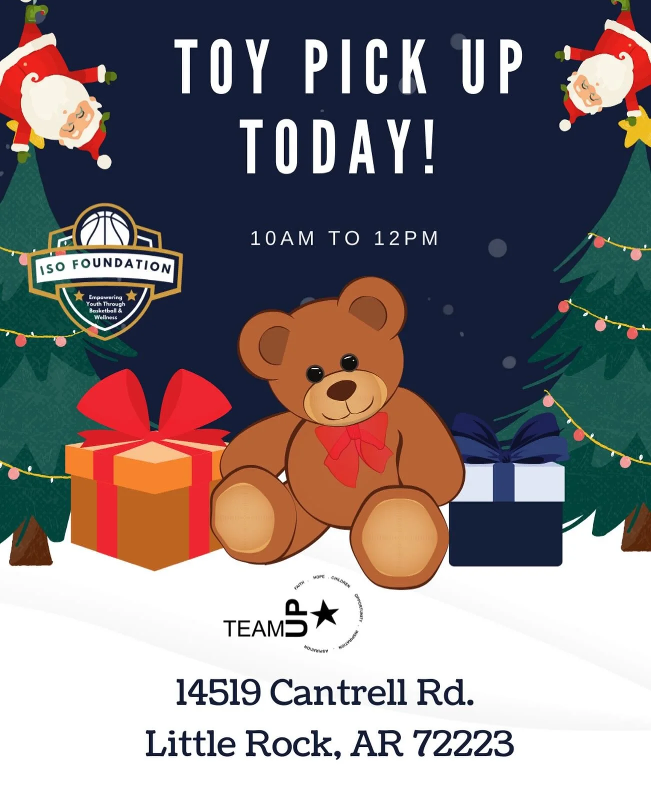 🎁 Families in need! We&rsquo;ve collected tons of toys and Santa needs help delivering them to the littles. The ISO Foundation has a drive‑through toy pick‑up TODAY from 10 AM&ndash;12 PM. 

📍 14519 Cantrell Rd. Little Rock, AR 72223
🚗 Stay in you