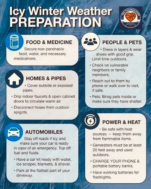 Prepare for severe weather: stock non‑perishable food, water, and meds 🥫💧💊. 

Protect your home&mdash;cover exposed pipes, drip faucets to keep warm, and disconnect outdoor hoses 🏠🧊🚰. 

Dress in layers and wear shoes with good grip; limit time 