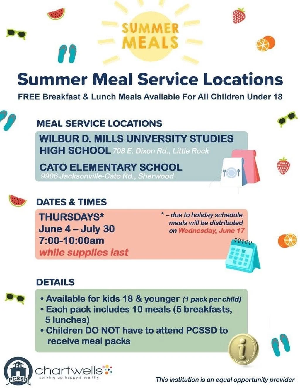 Community Stand 🆙 

Even though school is out, nutritious meals are still available! Children in the Little Rock community will not go hungry this summer, thanks to PCSSD and its foodservice partner, Chartwells K12. Free meal packs for breakfast and