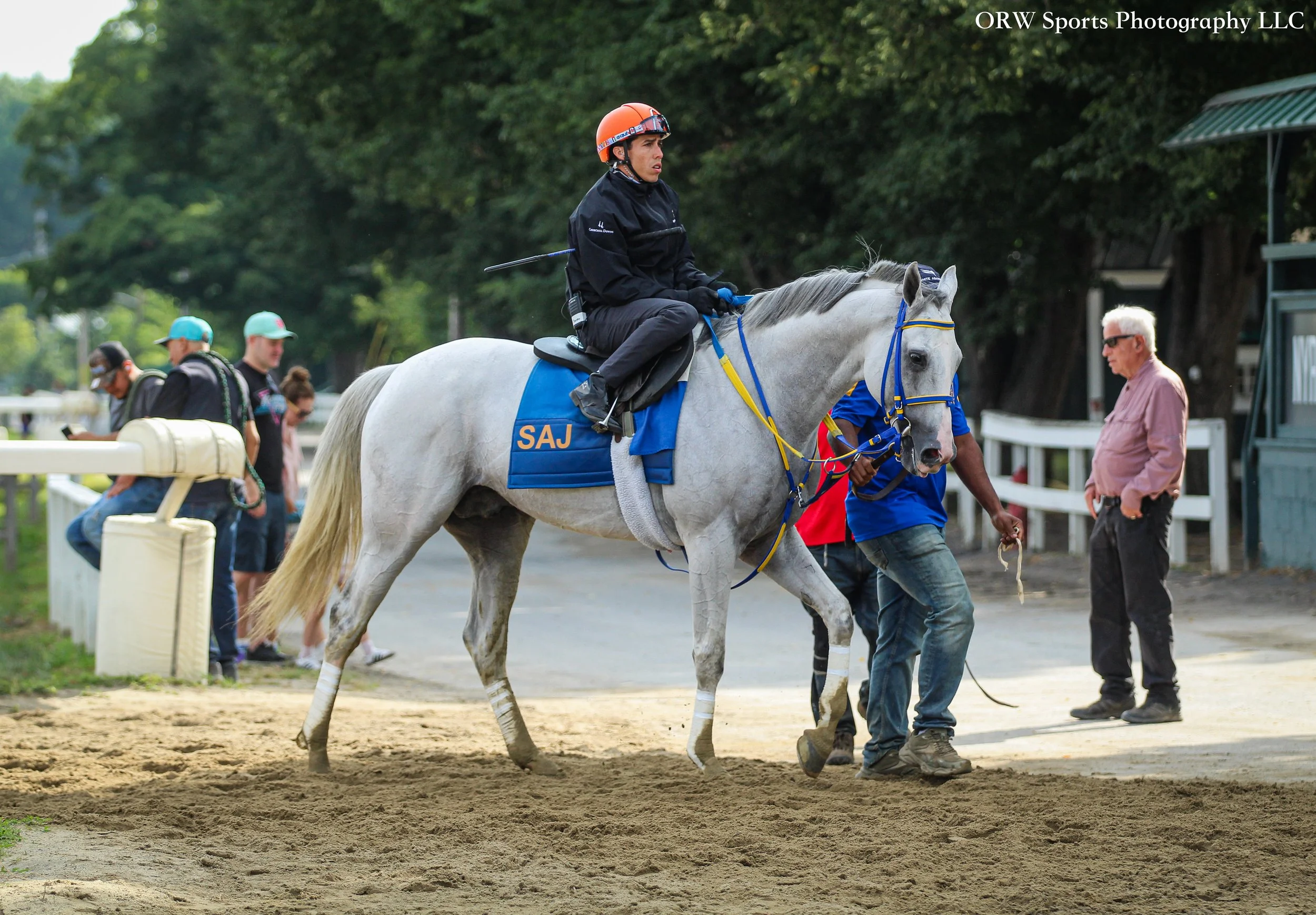 White Abarrio and Irad Ortiz Jr come off the track after working 5 furlongs