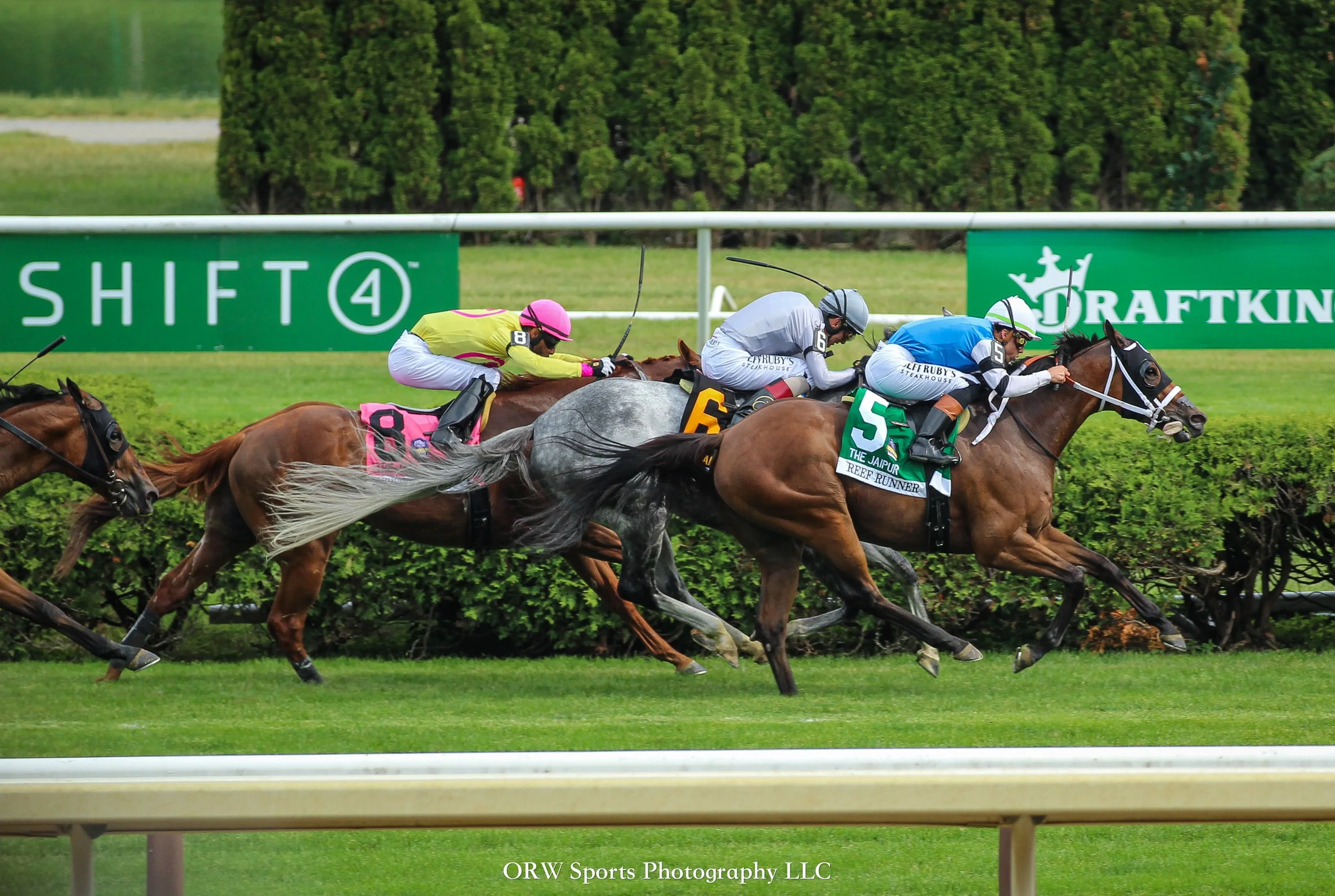 Reef Runner goes past Ag Bullet and wins the Jaipur Stakes. Irad Ortiz Jr aboard for David Fawkes. 