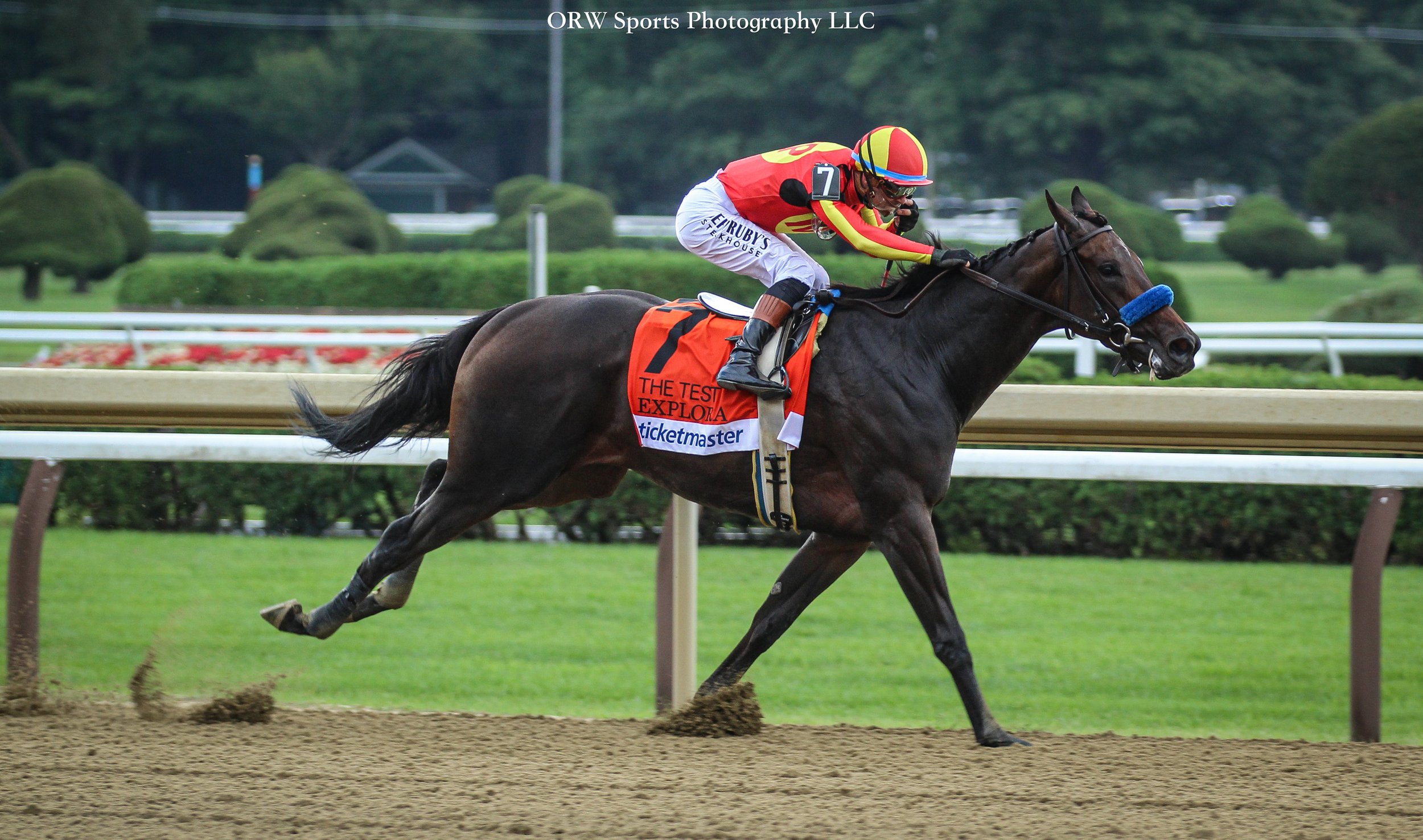 Explora and Flavien Prat take the Grade 1 Test Stakes for trainer Bob Baffert 