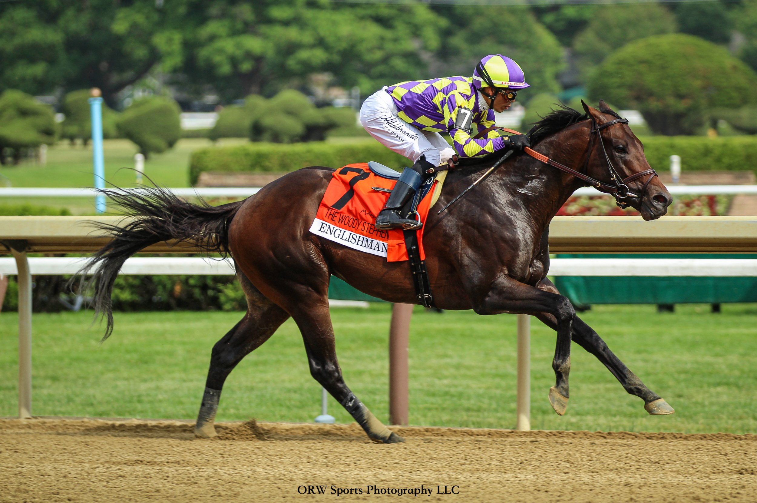 Englishman and Jose Ortiz take the Grade 1 Woody Stephens for trainer Cherie DeVaux. The Maxfield colt blitzed the field and came home to tie the track record time. 
