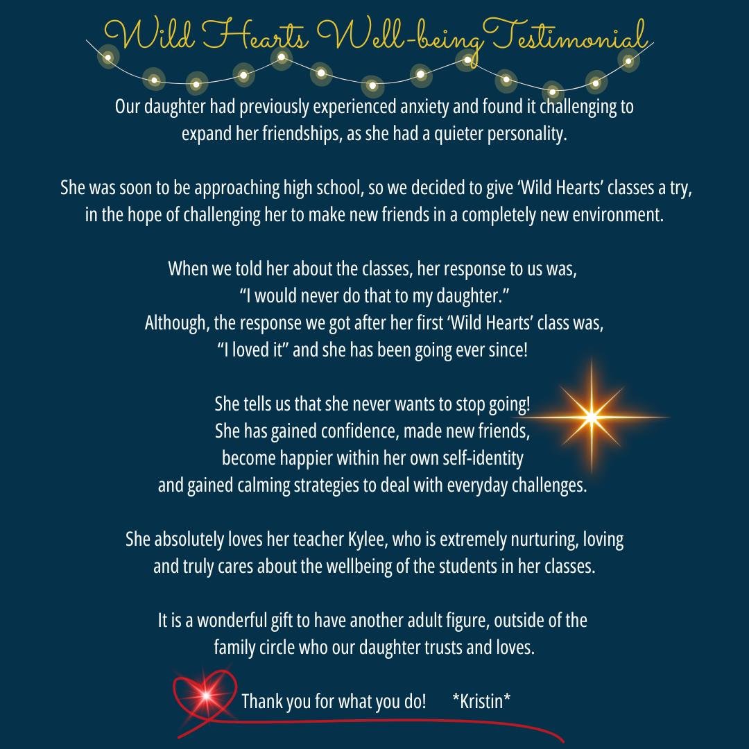 ✨ Heartwarming Testimonial ✨

I am absolutely overjoyed to share this beautiful testimonial from a parent whose daughter has been attending our Wild Hearts classes. 🥰

Reading this testimonial has truly warmed my heart. 💖 

This is exactly why I cr
