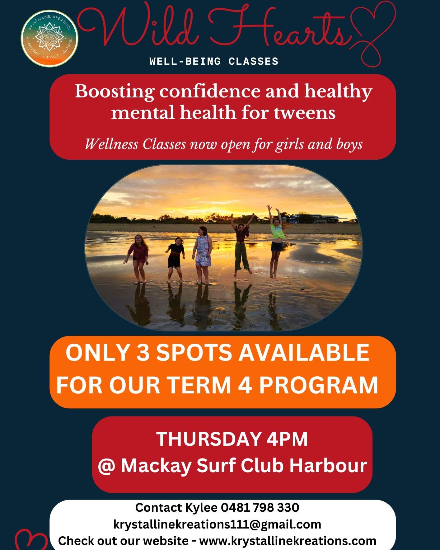 ✨Only 3 Spots Left for Term 4! ✨

🌟 Wild Hearts Well-being is now open for boys too! 🌟

We only have 3 spots available in our Thursday class at 4pm for a 10-week journey of empowerment, mindfulness, and emotional resilience. 

Your child will gain 