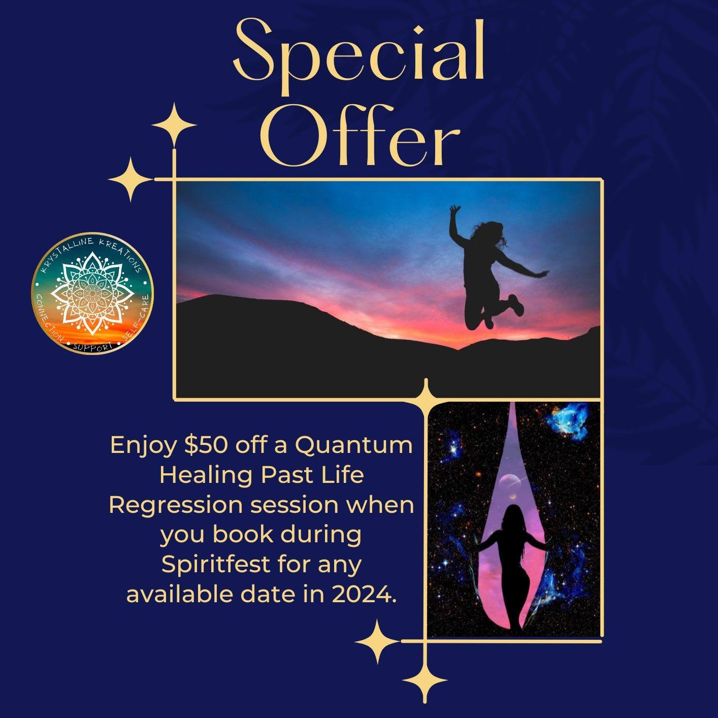 🎉 Exciting Announcements for Spiritfest This Saturday! 🎉

I&rsquo;m thrilled to share some special offers available only at Spiritfest this Saturday! 
🌟 If you&rsquo;ve been thinking about experiencing a Quantum Healing Past Life Regression, now i