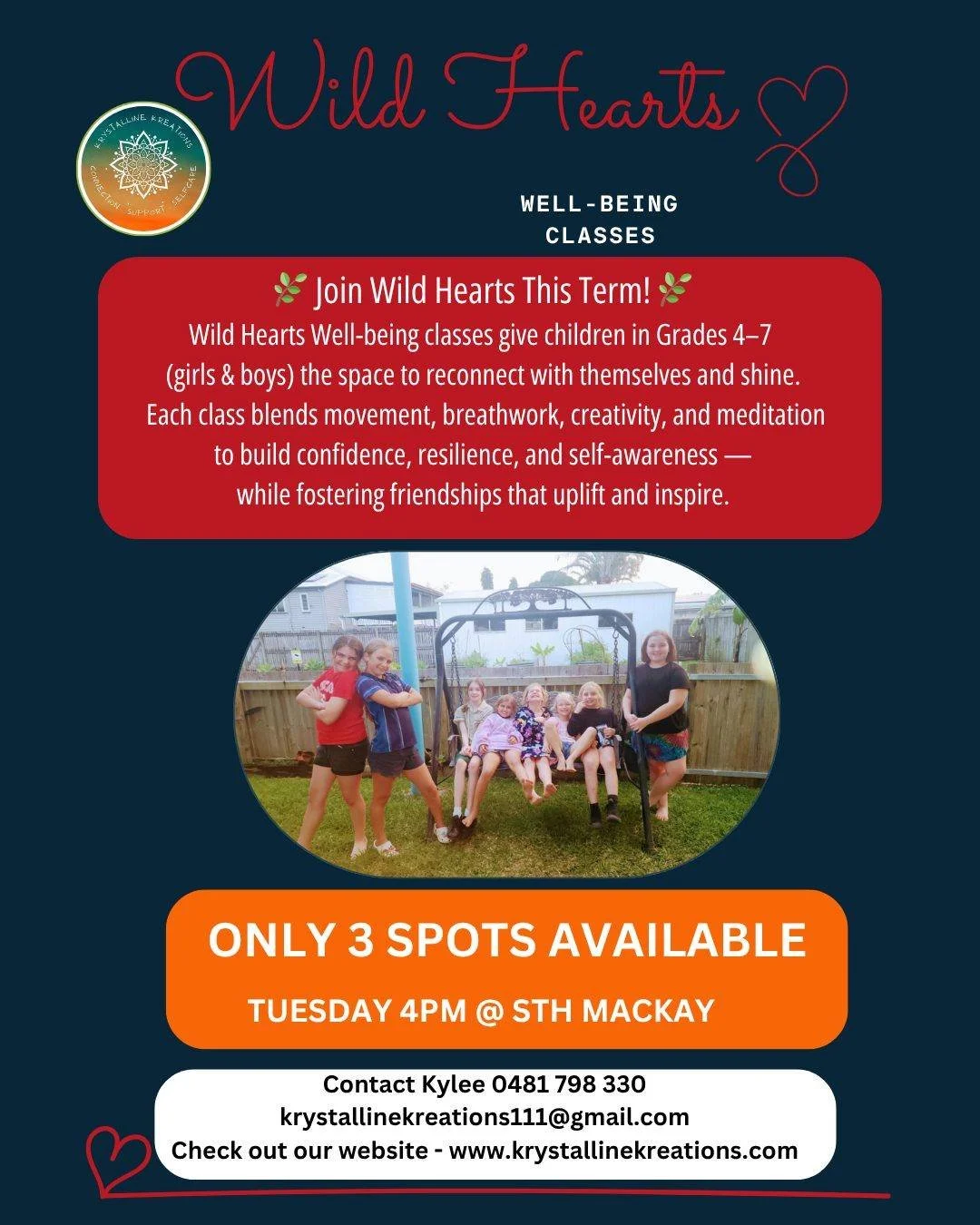 ✨ 3 Spots Left! ✨

Wild Hearts Well-being 🌿 is starting soon, and I have just 3 spaces left in the Tuesday 4 PM class at the Neighbourhood Hub, South Mackay.

If your child (ages 9&ndash;13) would love a space to grow in confidence, practice mindful