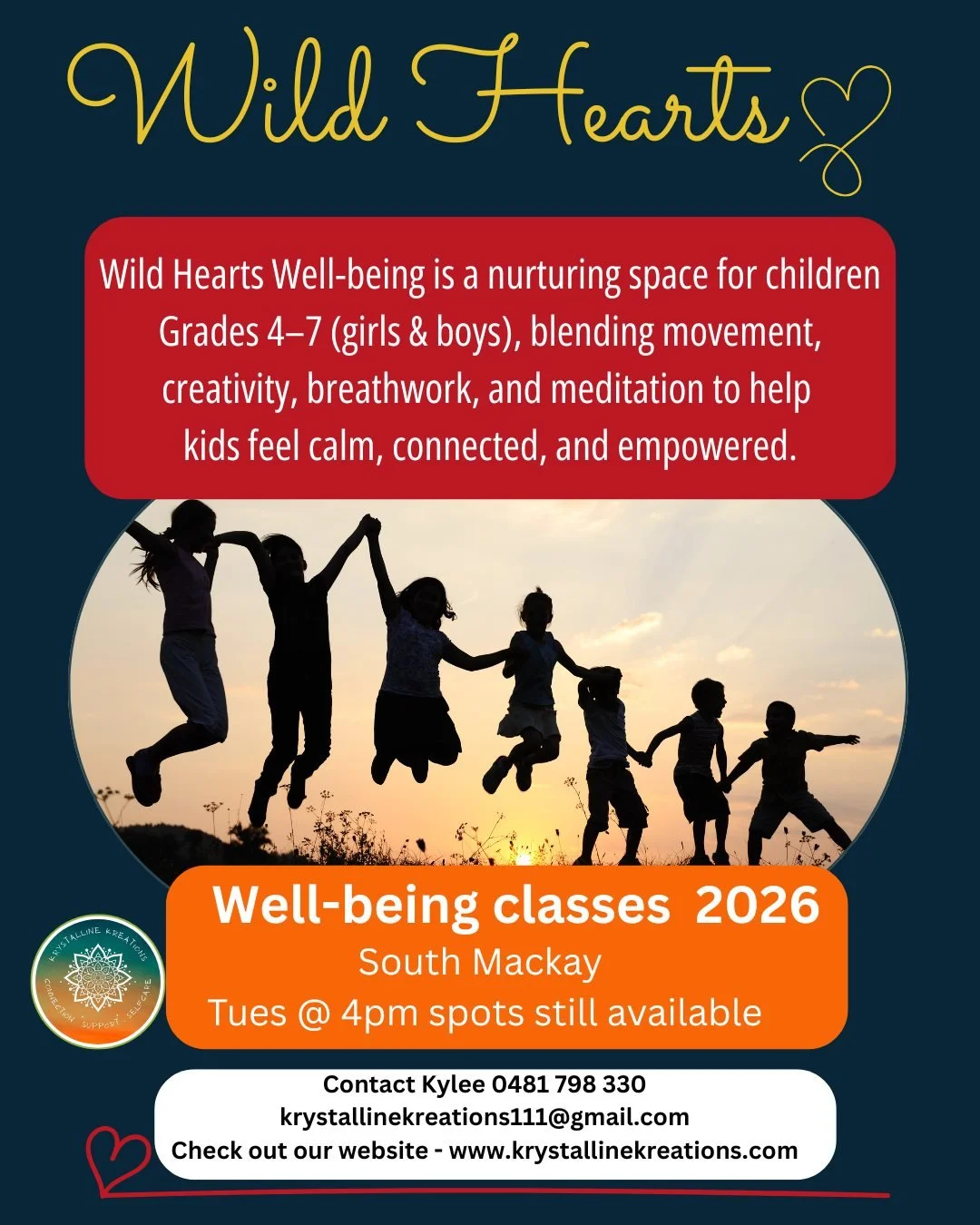 ✨ Wild Hearts Well-being | 2026 Enrolments Open ✨

Wild Hearts is a nurturing wellbeing program for children in Grades 4&ndash;7 (girls &amp; boys), supporting confidence, emotional resilience, and self-awareness through movement, creativity, breathw