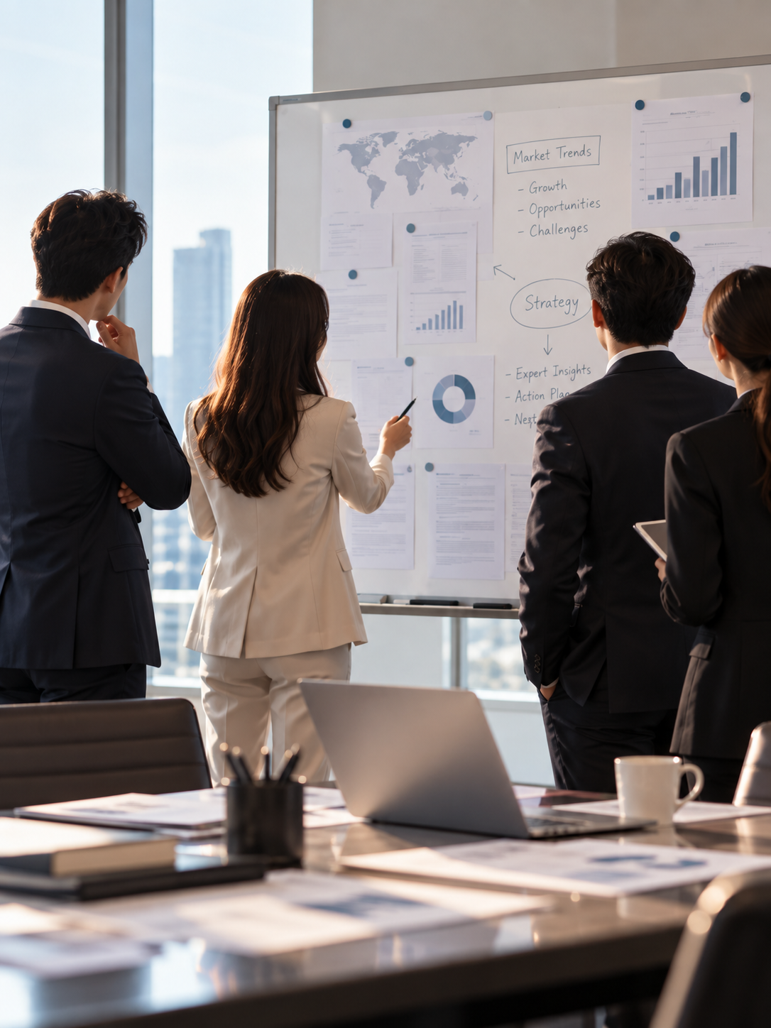 Business team in suits in a conference room watching a woman present a strategy on a whiteboard with charts and diagrams, with a city skyline visible outside.