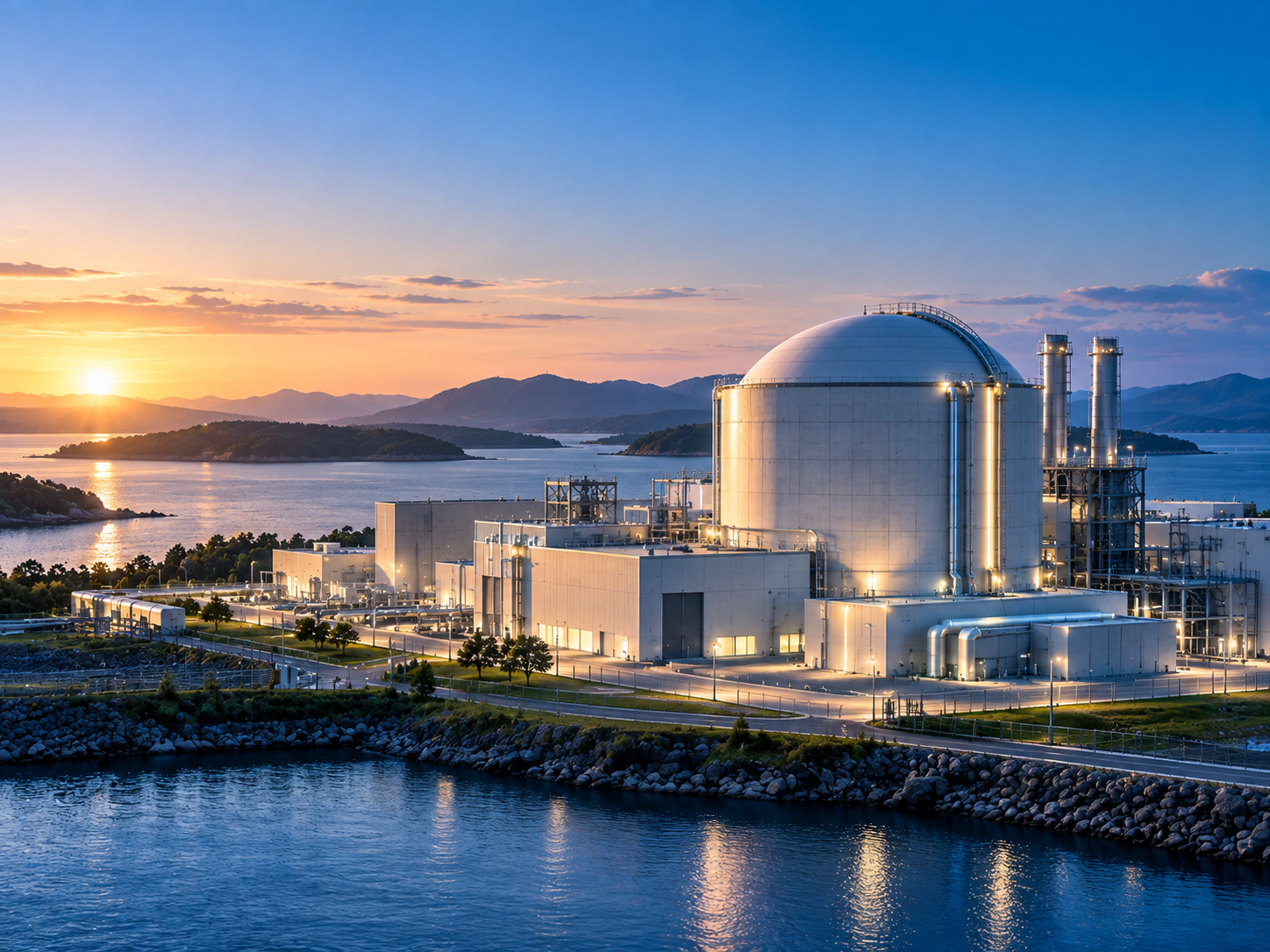 Nuclear power plant at sunset with a large domed reactor, cooling towers, and surrounding water and landscape