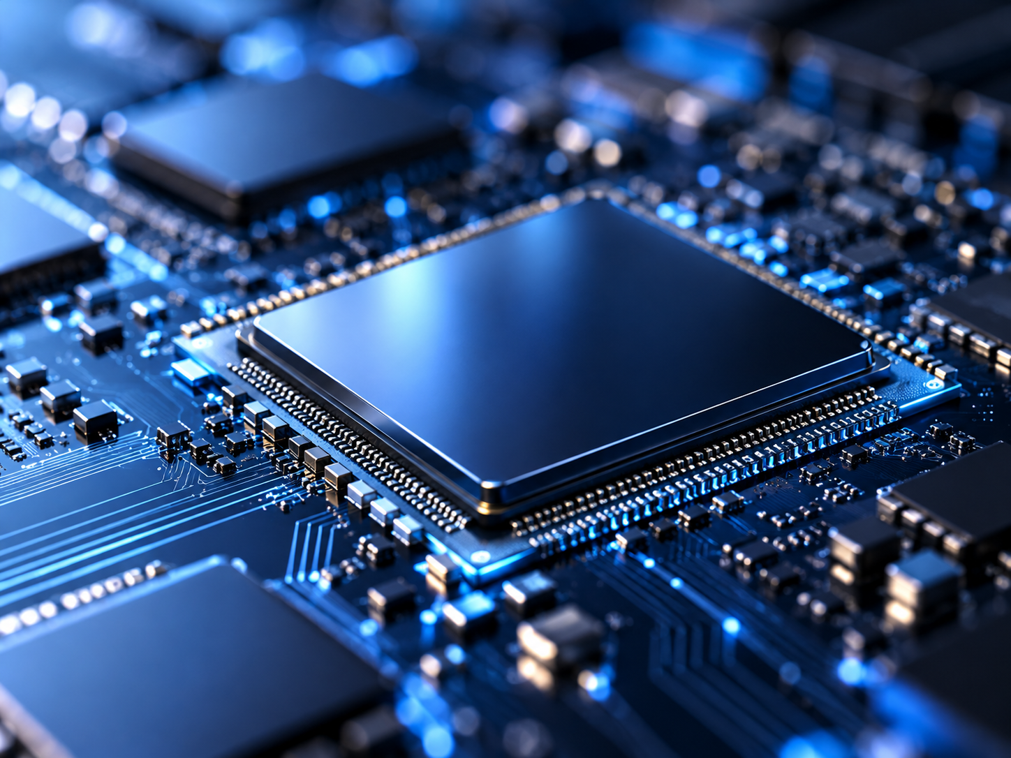 Close-up of a computer motherboard with a large central processing unit (CPU) surrounded by various electronic components and blue LEDs.