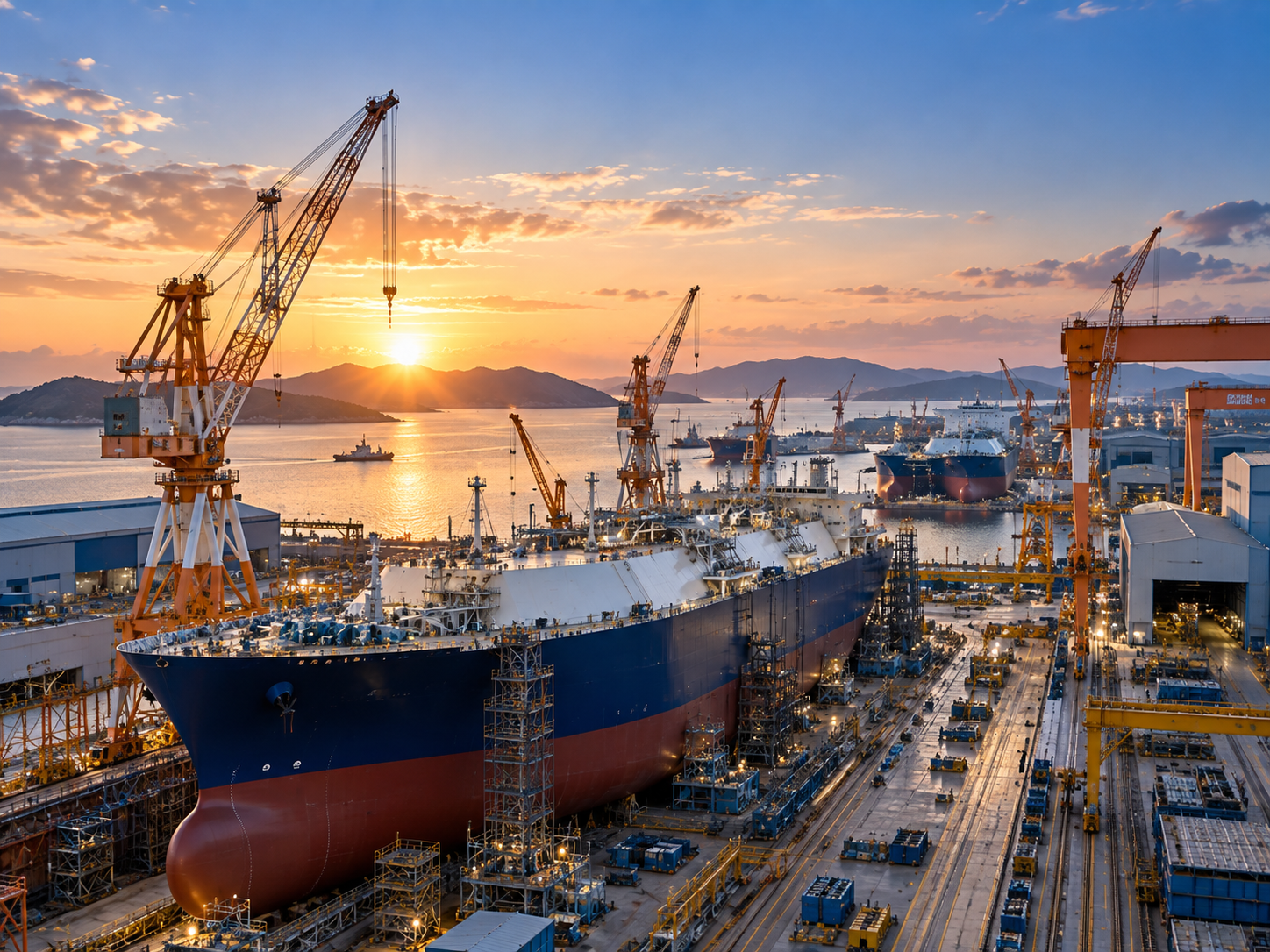 Shipyard with large ships under construction, multiple cranes, and a sunset over the water with islands in the background.