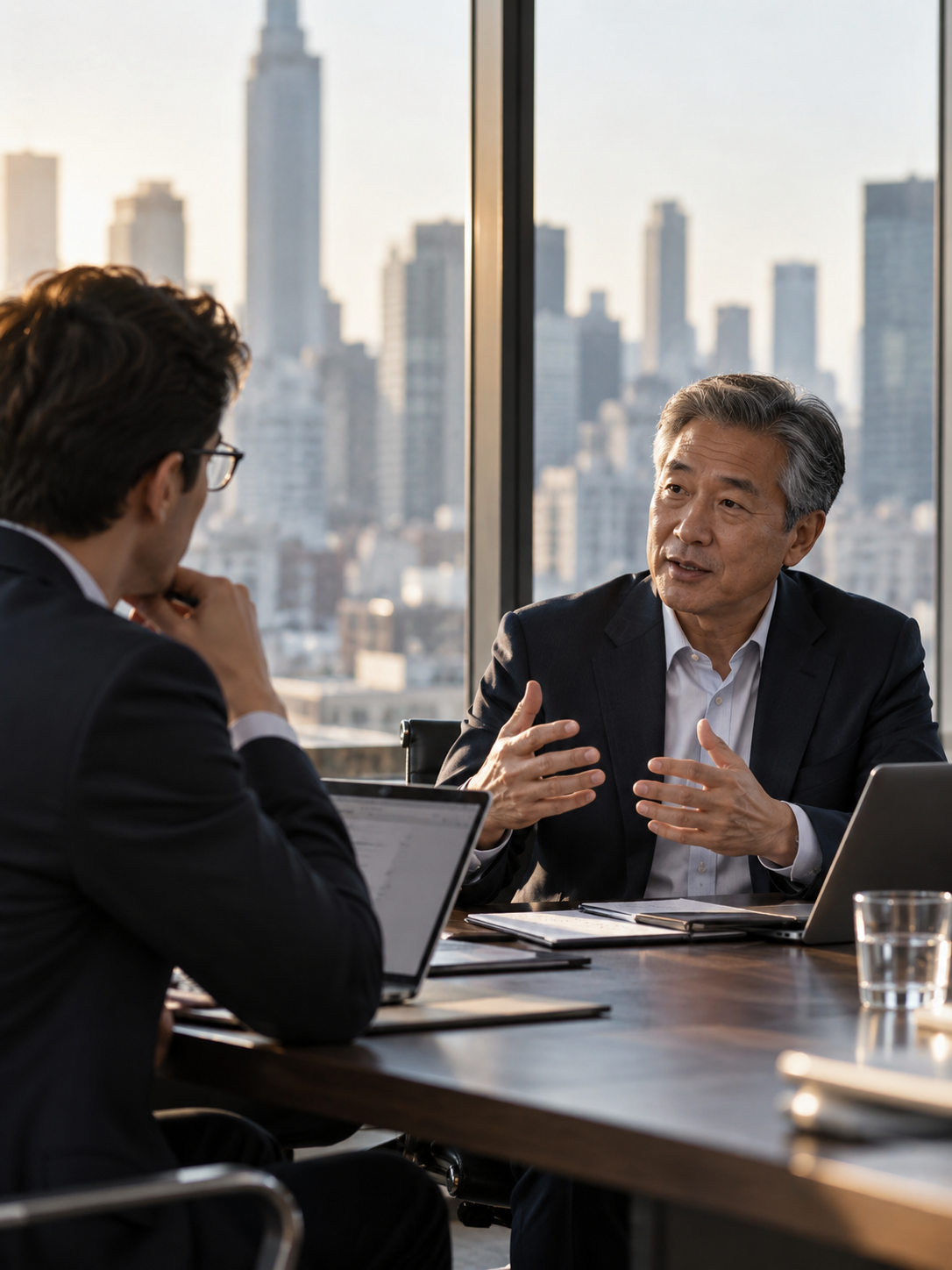 Two men in business suits having a conversation in a modern office with city skyline in the background.