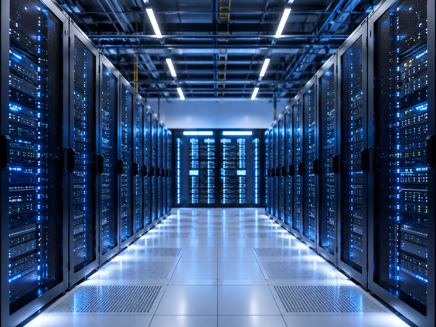 A data center room with rows of server racks illuminated by blue LED lights, featuring a clean tiled floor and a high ceiling with exposed infrastructure.