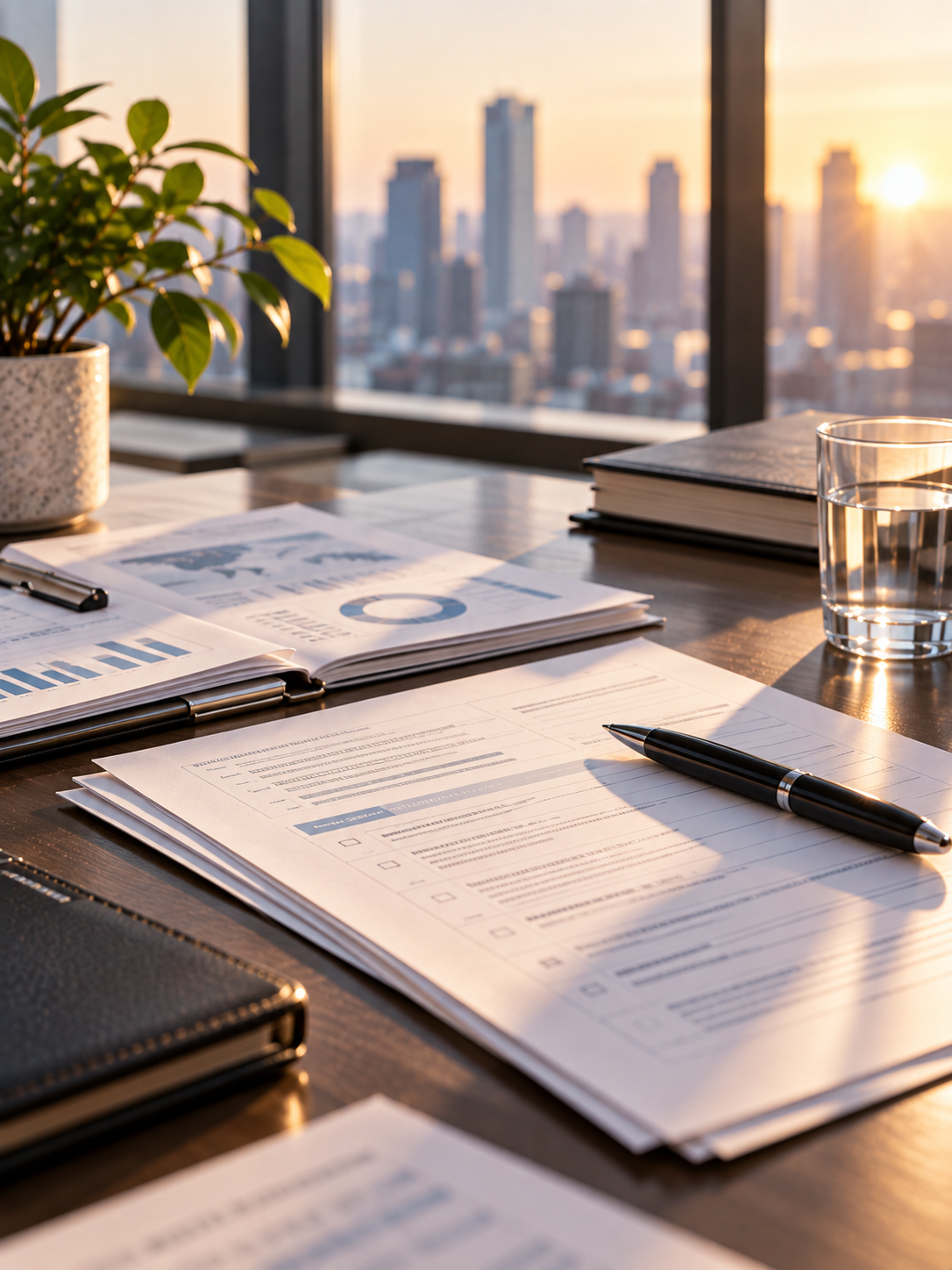 Office desk with financial reports, a pen, a glass of water, closed notebooks, a potted plant, and a city skyline visible through large windows at sunset.