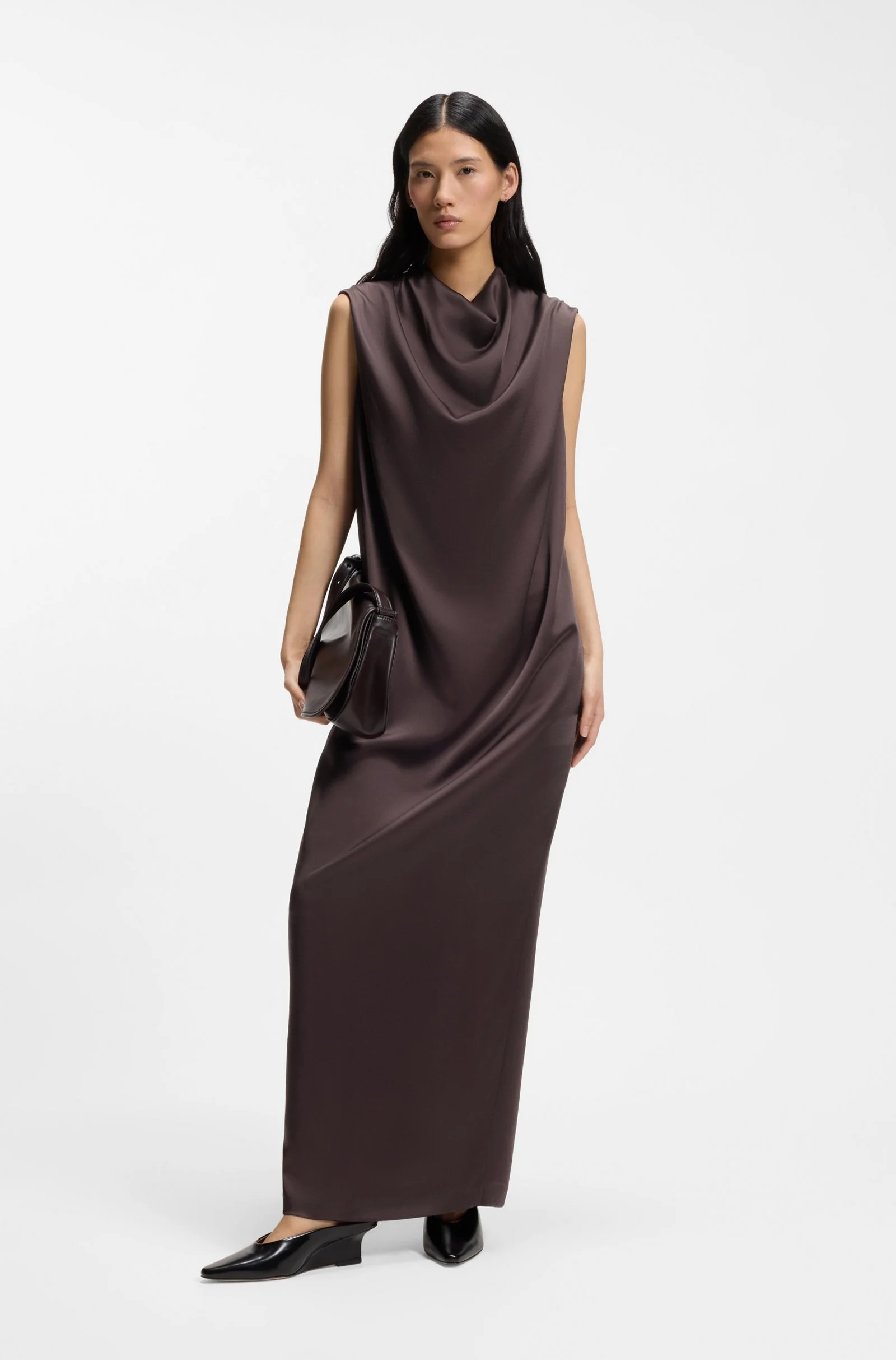 Sleeveless maxi dress in sable satin