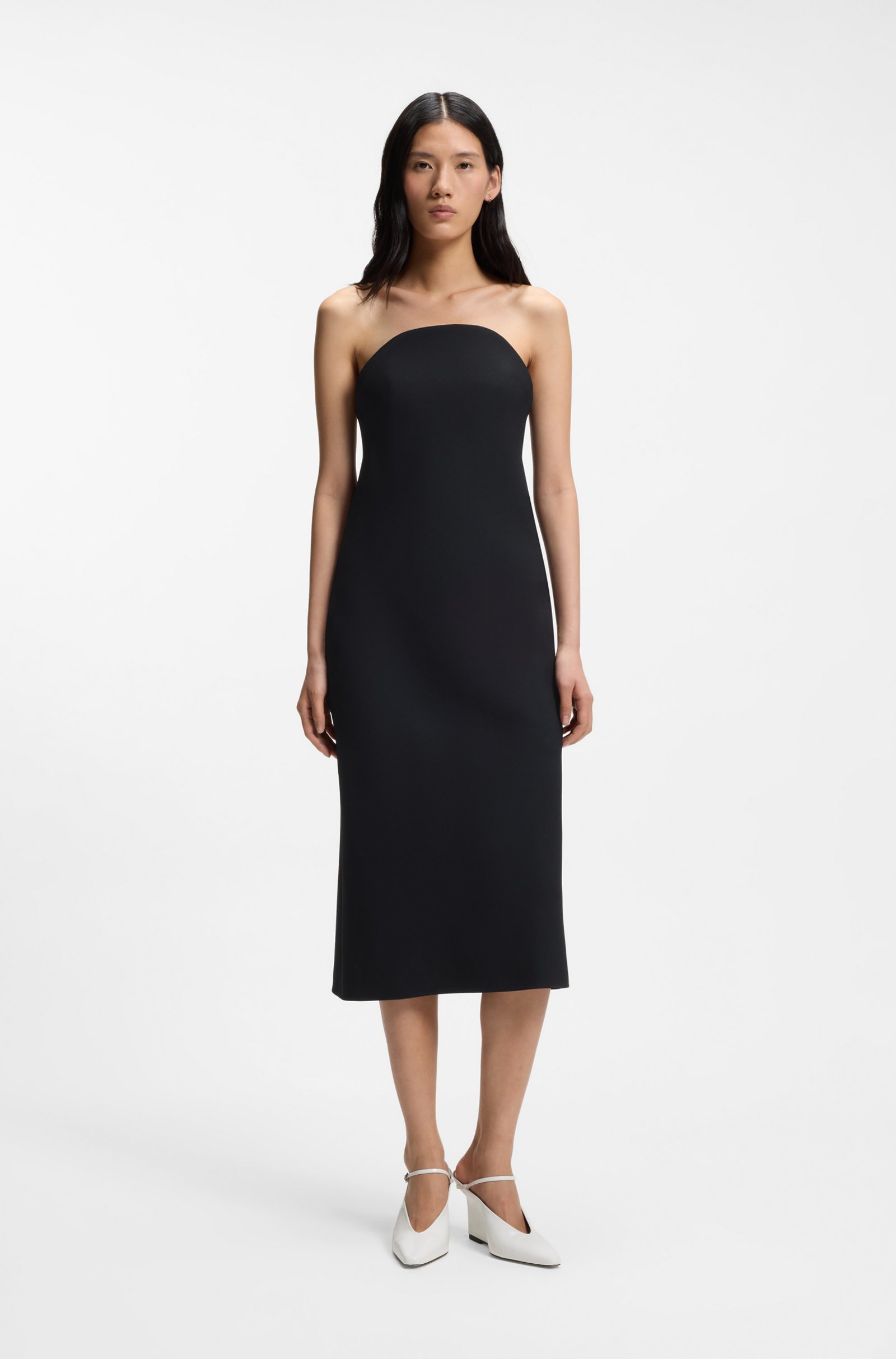 Strapless dress in stretch crepe with built-in corset
