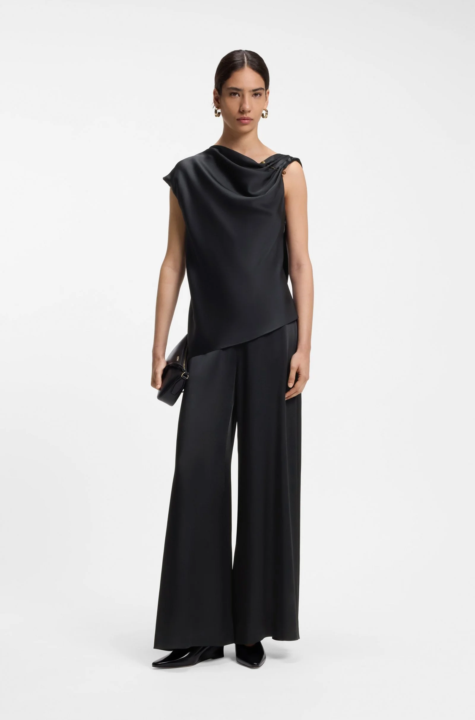 Straight-leg jumpsuit with pin and gathered detail
