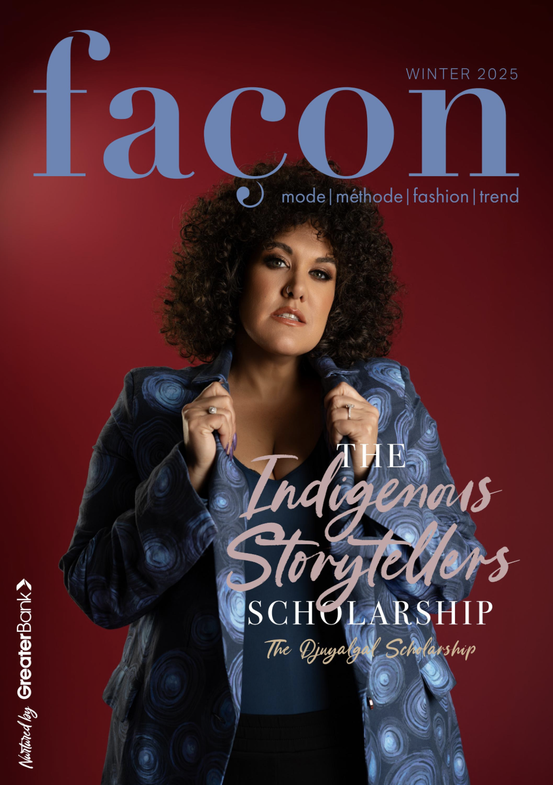 Magazine cover for an indigenous creatives scholarship magazine featuring a woman with curly hair in a blue patterned blazer holding the collar.