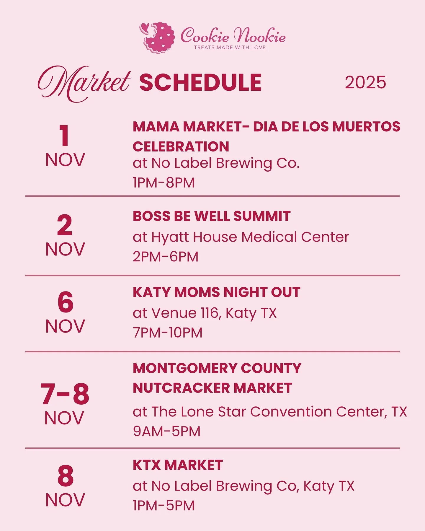 &lrm;✨ NOVEMBER MARKET SCHEDULE ✨
&lrm;
&lrm;We&rsquo;re bringing the One Bite Stand experience to a city near you 😘 Come snack, chat, and stock up on your fave gourmet snack mix, perfect for gifting (or keeping for yourself 👀).
&lrm;
&lrm;Save thi