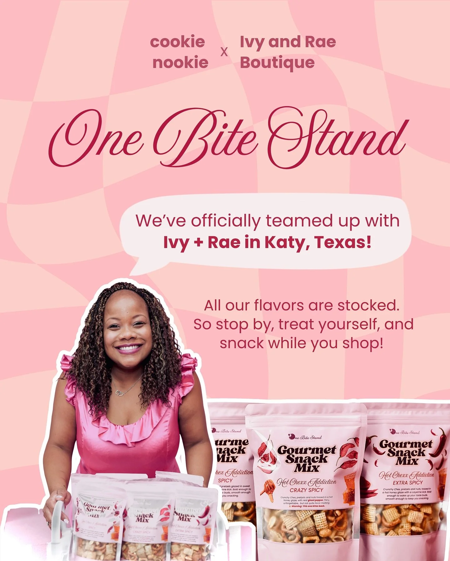 We&rsquo;re so excited to share that One Bite Stand has teamed up with Ivy + Rae Boutique in Katy, TX!✨
&lrm;
&lrm;All your favorite flavors are stocked and ready, so come by, browse the gorgeous pieces @shopivyandrae, and enjoy our Gourmet snack mix