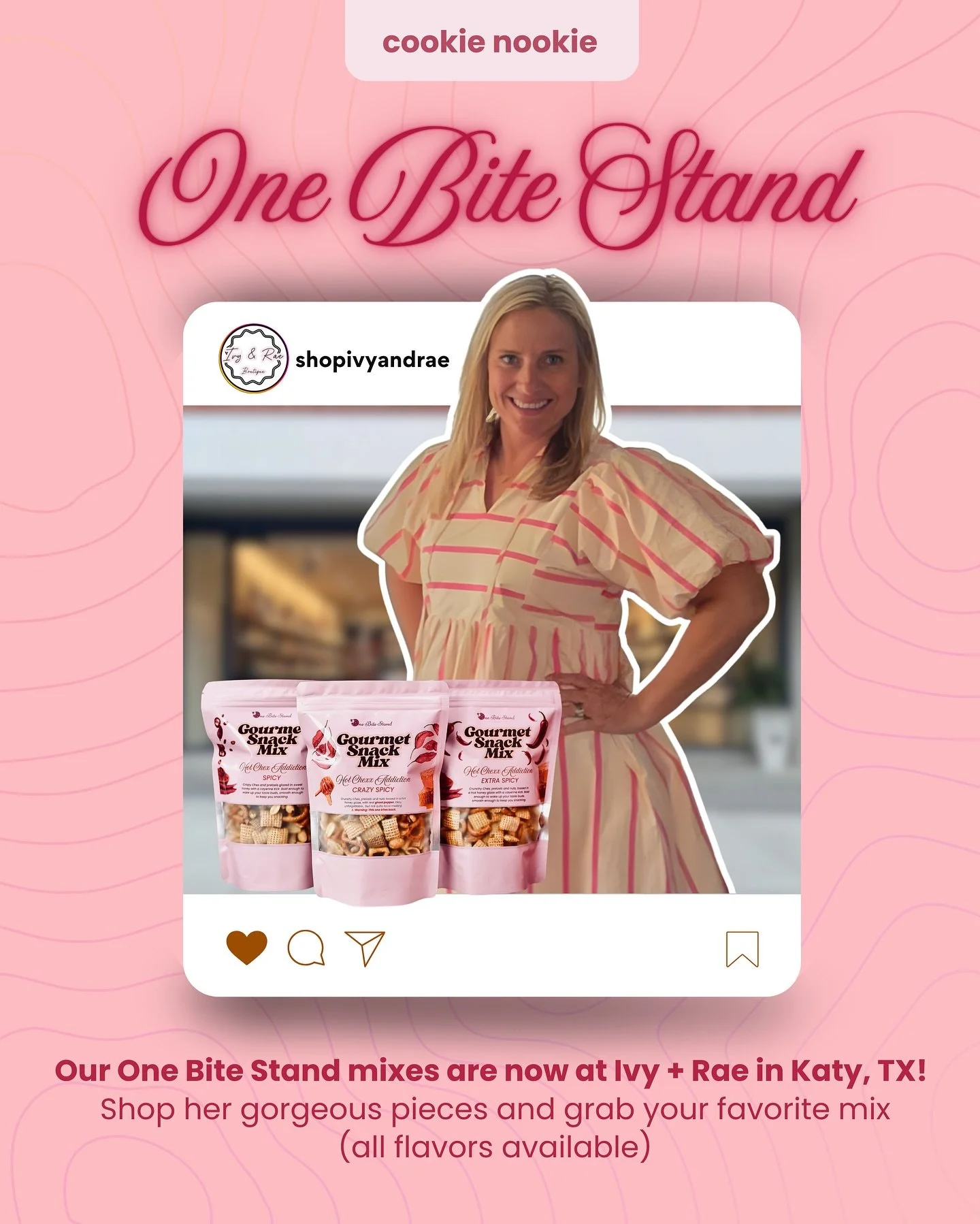 You know that feeling when you&rsquo;re out shopping and suddenly get hit with a craving? 👀
Well&hellip; now you don&rsquo;t have to choose between cute clothes and good snacks.

All our One Bite Stand mixes are now at Ivy + Rae in Katy, TX &mdash; 