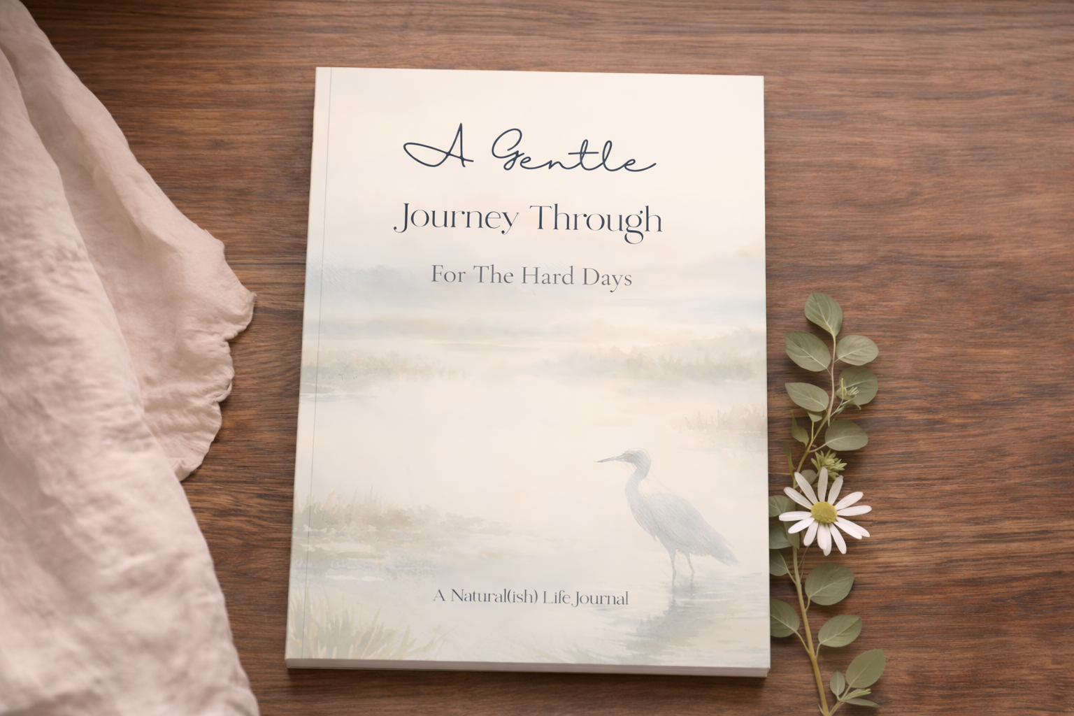 A Gentle Journey Through Journal sitting on a wooden desk. The perfect journal for mother's experiencing anxiety.