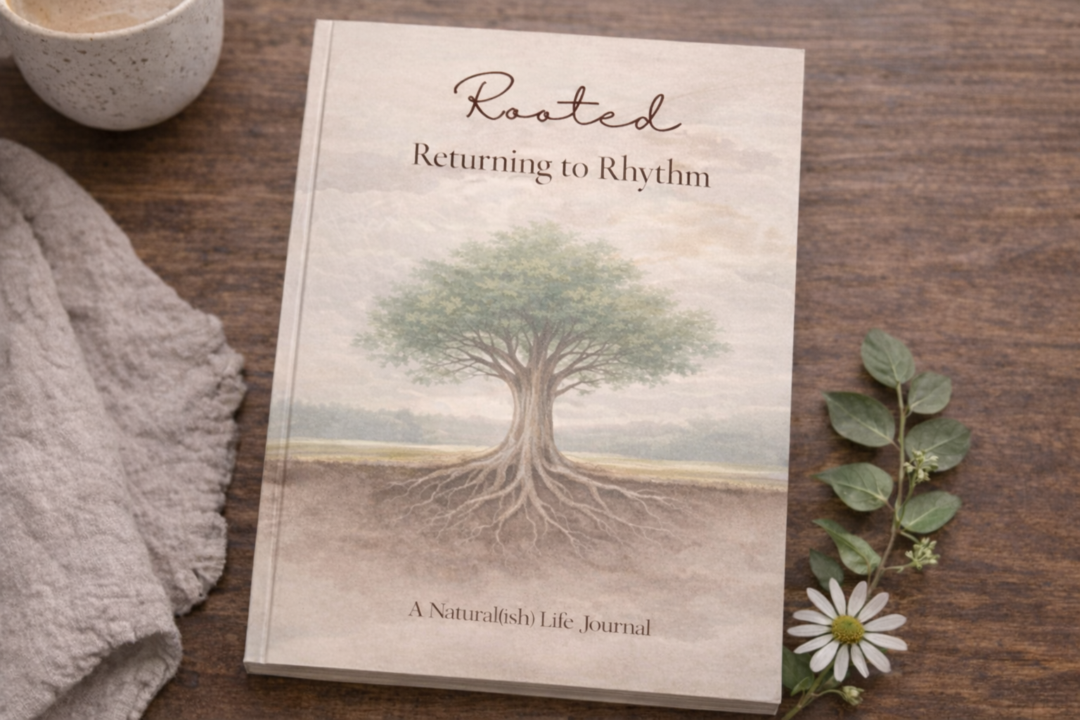 Rooted — Returning to Rhythm, a Natural(ish) Life Journal that helps mothers create gentle daily structure, emotional balance, and sustainable rhythm through reflective journaling