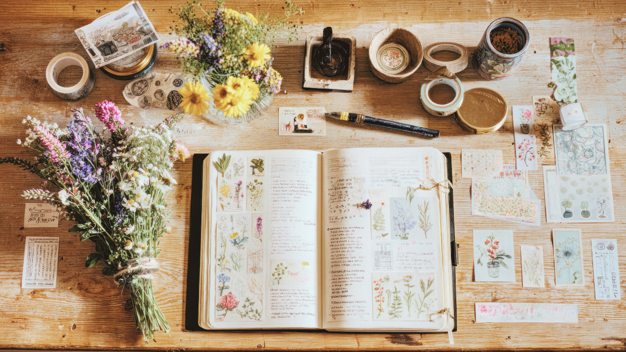 Creative journaling scene with watercolor illustrations, wildflowers, and washi tapes — inspired by Natural(ish) Life’s nature-rooted creativity.