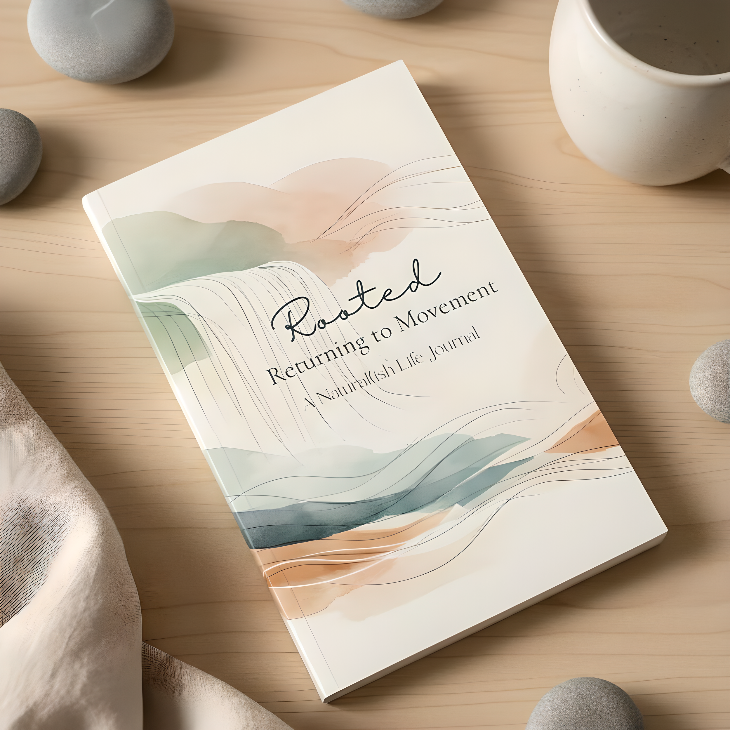 Rooted - Returning to movement journal on wooden desk with coffee. This is a journal that encourages movement as a form of meditation and mental wellness.