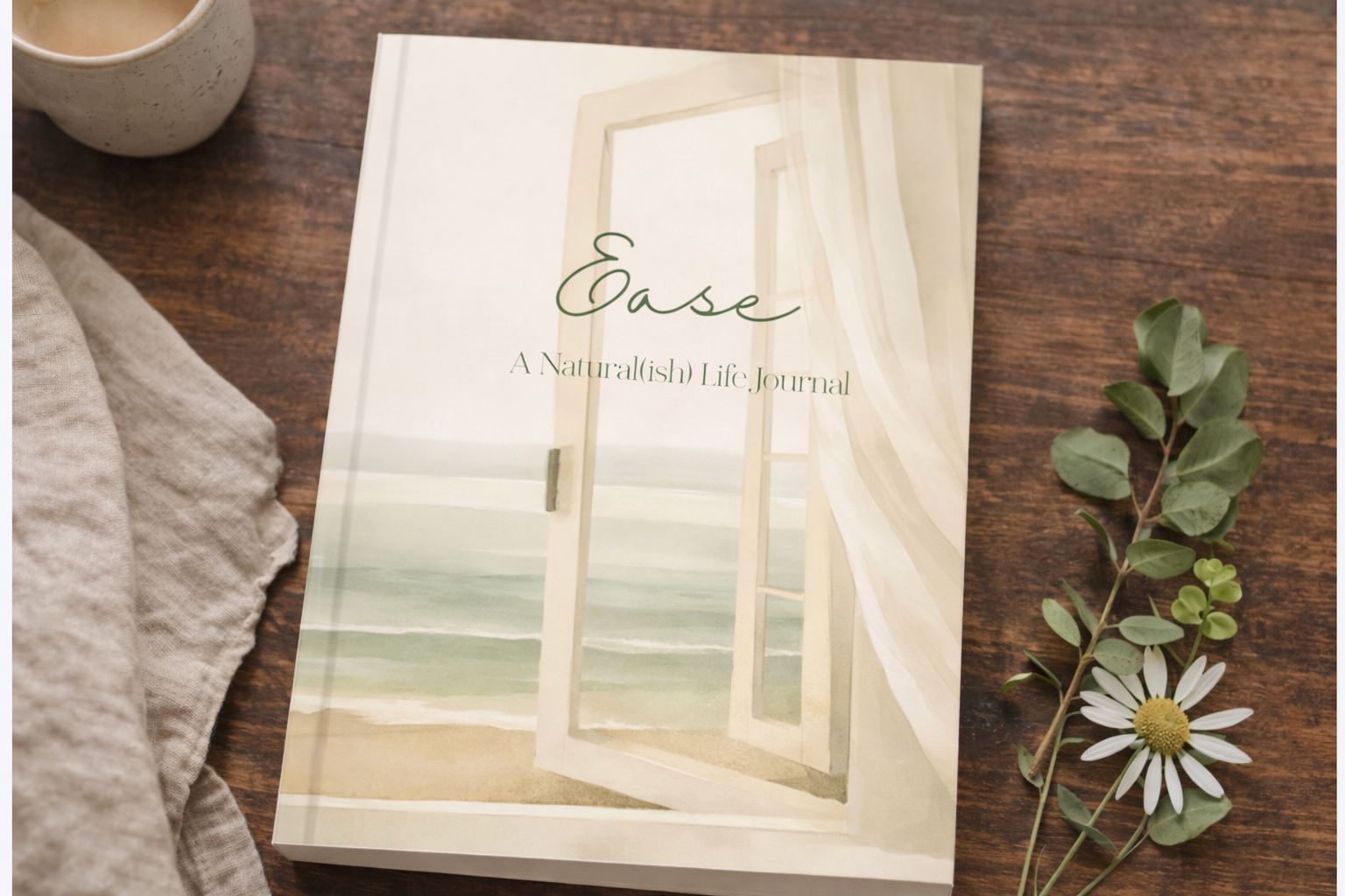 Ease Journal - for the hard days.  Ocean Journal laying on desk, perfect for mothers searching for ease