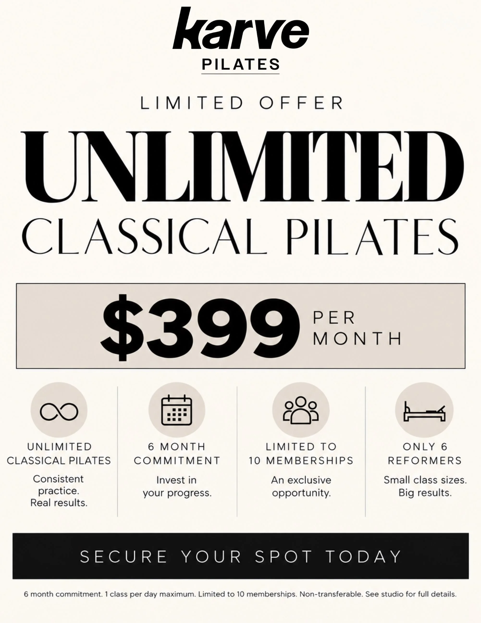 🚨 ONLY 4 SPOTS REMAINING 🚨

Our Unlimited Membership is going FAST. We capped this exclusive membership at just 10 members, and 6 spots are already SOLD.

For $399/month, this is your opportunity to experience more Pilates, build consistency, and t