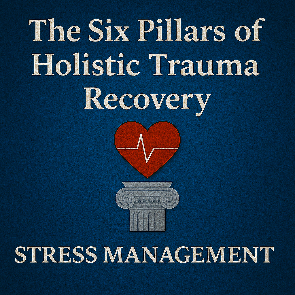 Graphic with the title of the article and a single pillar with a heart and sign wave to represent pillar four of the six pillars of holistic trauma recovery: stress management.