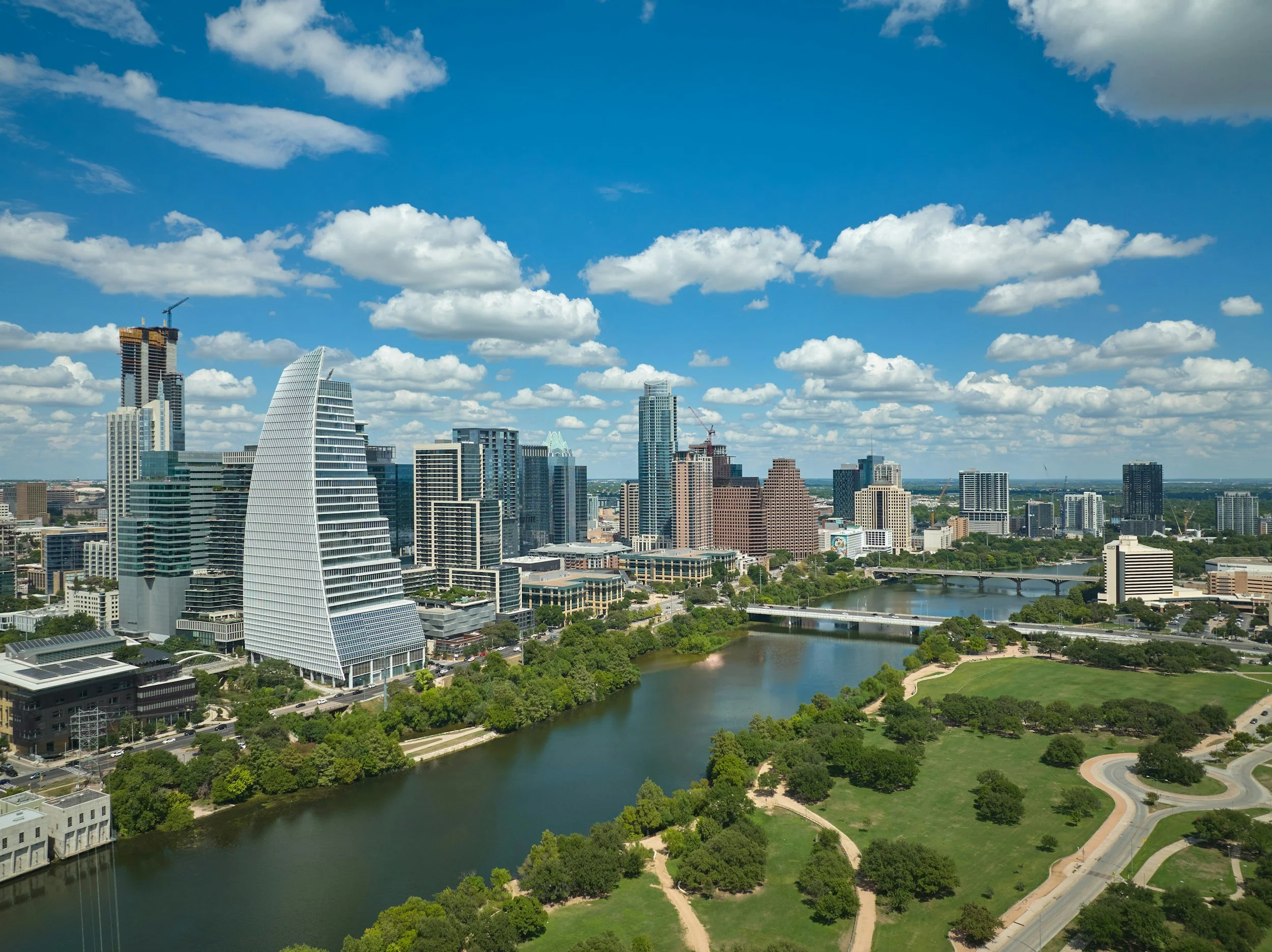 Skyline view of Austin, TX from the south shore of Lady Bird Lake.