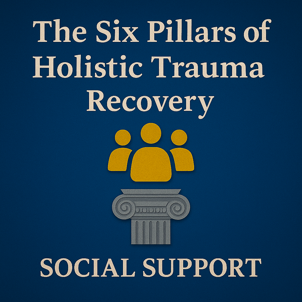 Graphic with the title of the article and a single pillar with an emblem of three people to represent pillar five of the six pillars of holistic trauma recovery: social support.